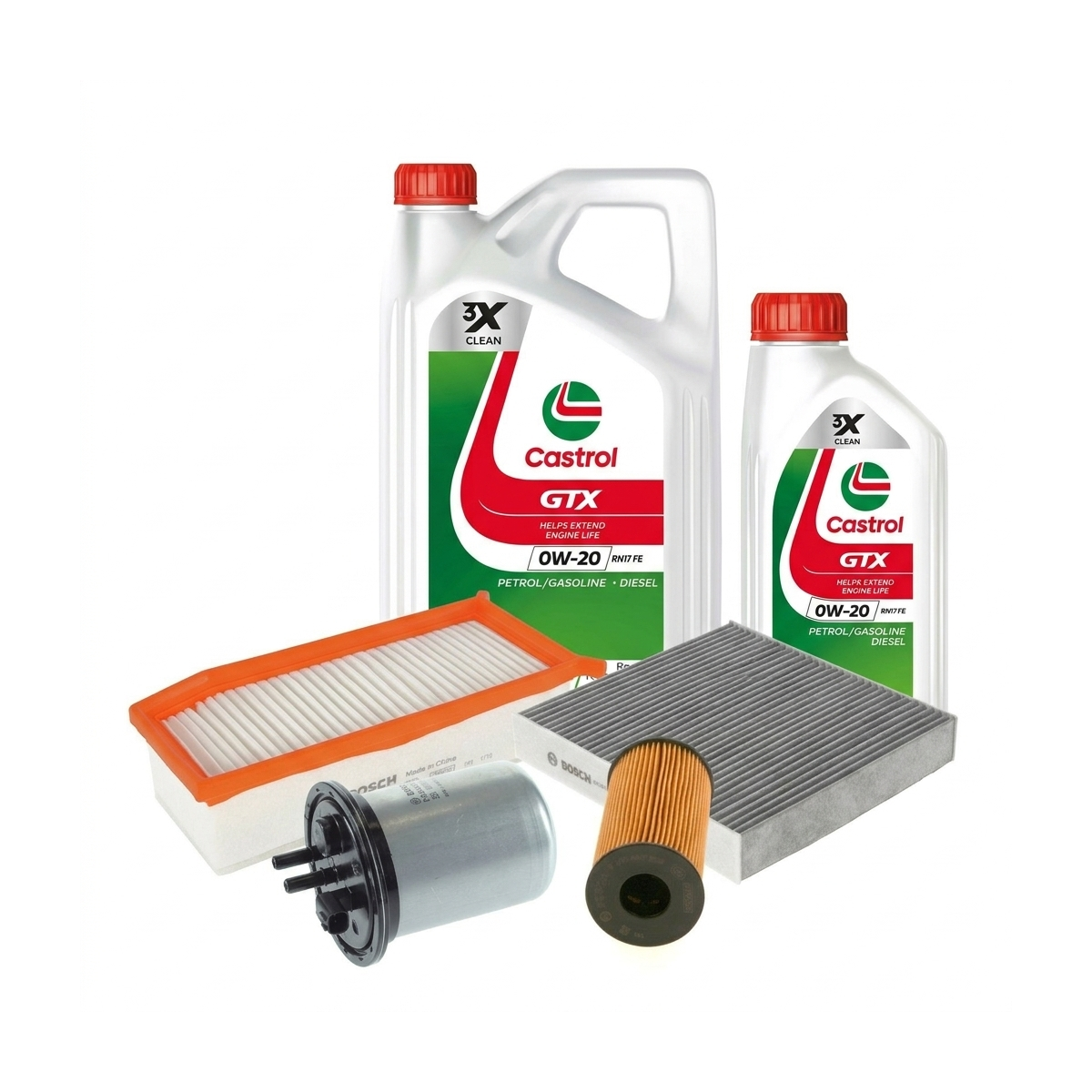 Kit revizie ulei Castrol GTX 0W-20 RN 17 FE + filtre Dacia Duster HM 1.5 dCi 115 116 CP – Bosch