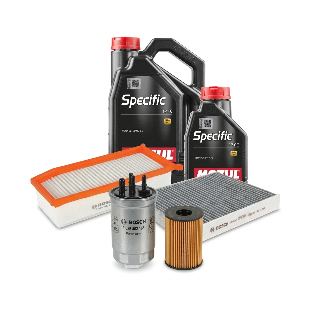Kit revizie ulei Motul SPECIFIC 17 FE 0W-20 + filtre Dacia Duster HM 1.5 dCi 115 4x4 116 CP – Bosch