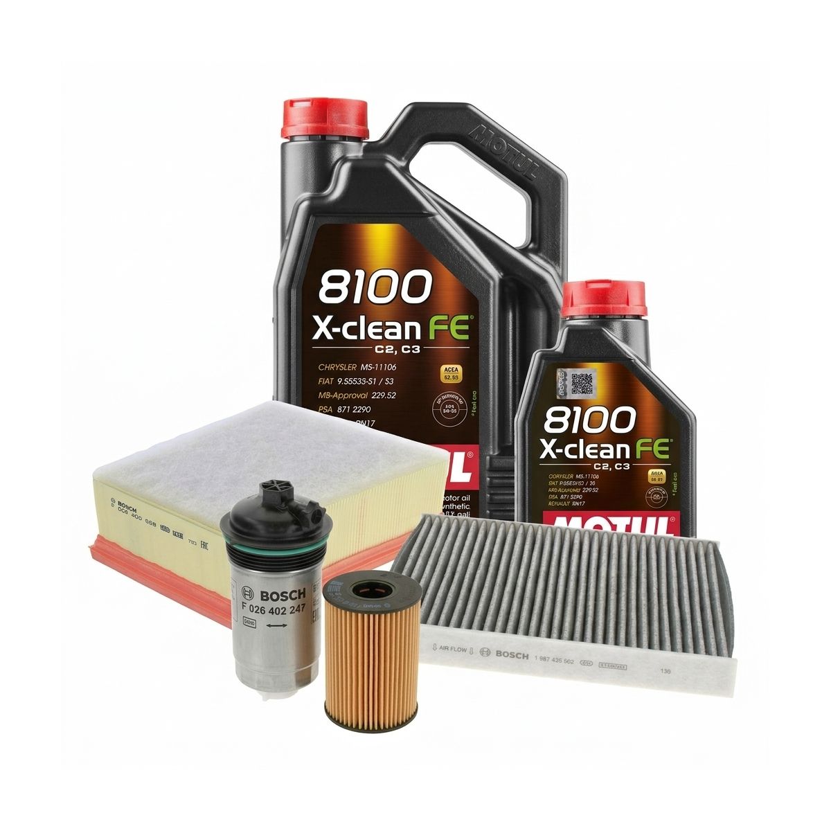 Kit revizie ulei Motul 8100 X-CLEAN FE 5W-30 + filtre Renault Talisman LP 1.7 Blue dCi 120 CP – Bosch