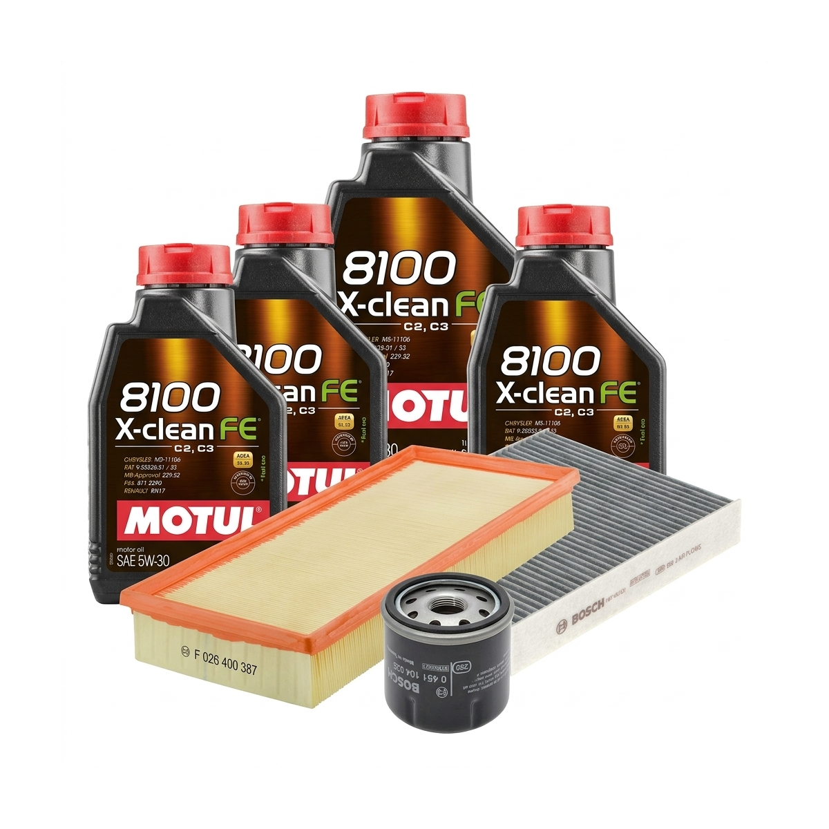 Kit revizie ulei Motul 8100 X-CLEAN FE 5W-30 + filtre Renault Clio 4 1.2 LPG 72 CP – Bosch