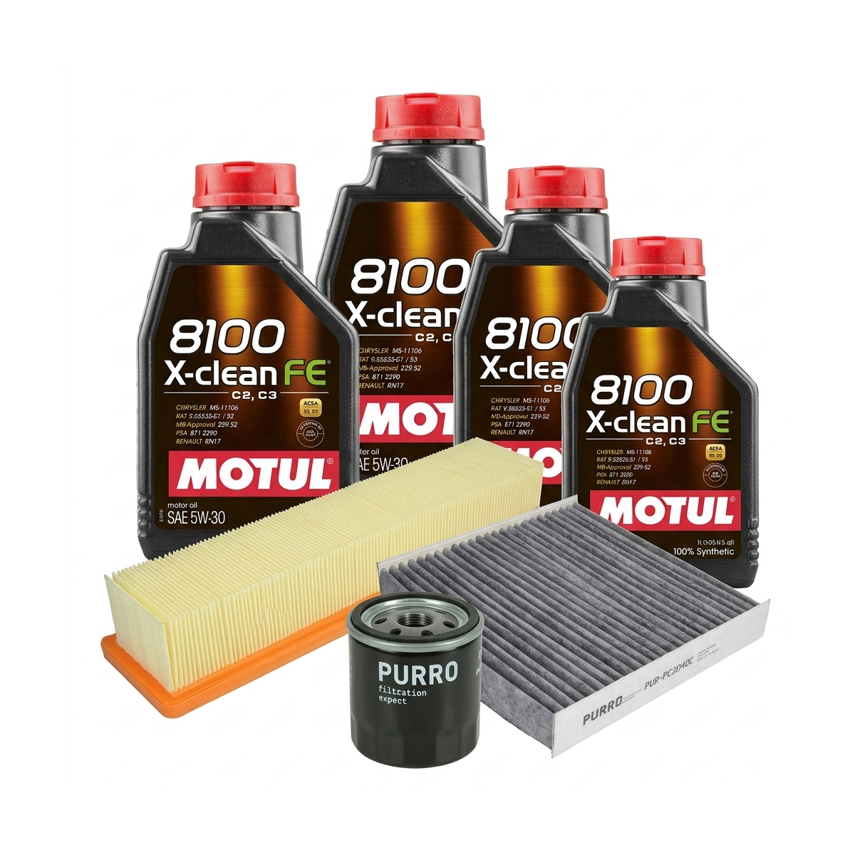 Kit revizie ulei Motul 8100 X-CLEAN FE 5W-30 + filtre Renault Clio 4 1.2 LPG 72 CP – PURRO