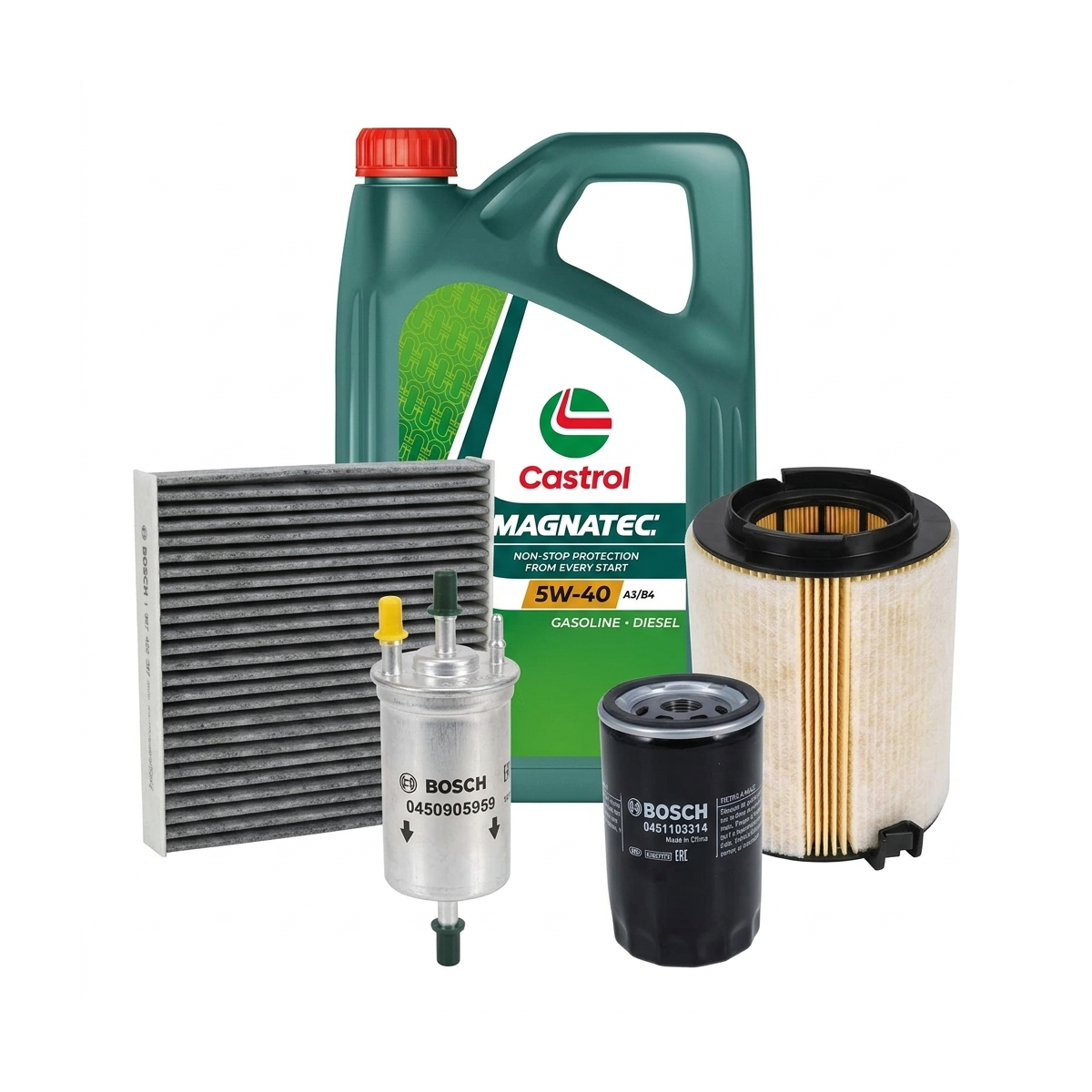 Kit revizie ulei Castrol MAGNATEC 5W-40 A3/B4 + filtre VW Touran 1T1/1T2 1.6 BiFuel 102 CP – Bosch