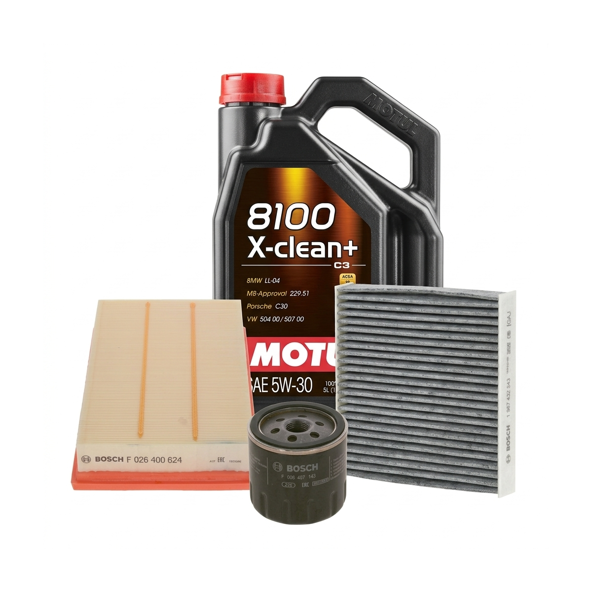 Kit revizie ulei Motul 8100 X-CLEAN+ 5W-30 + filtre VW Golf 7 1.5 TGI 130 CP – Bosch