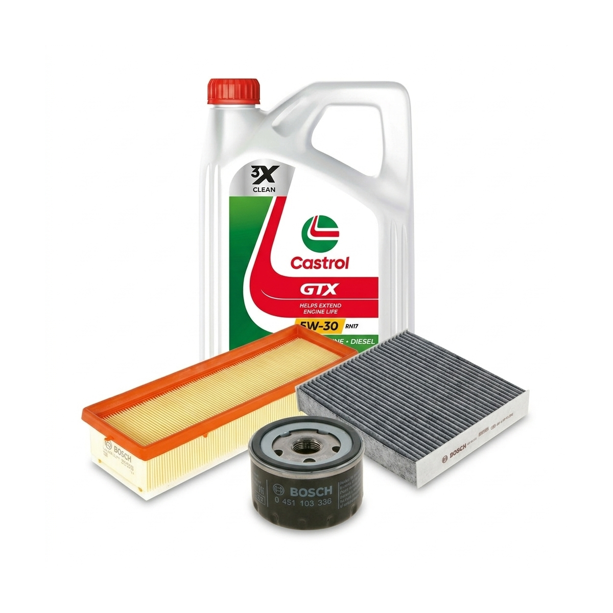 Kit revizie ulei Castrol GTX 5W-30 RN17 + filtre Dacia Logan 2 1.6 86 CP – Bosch