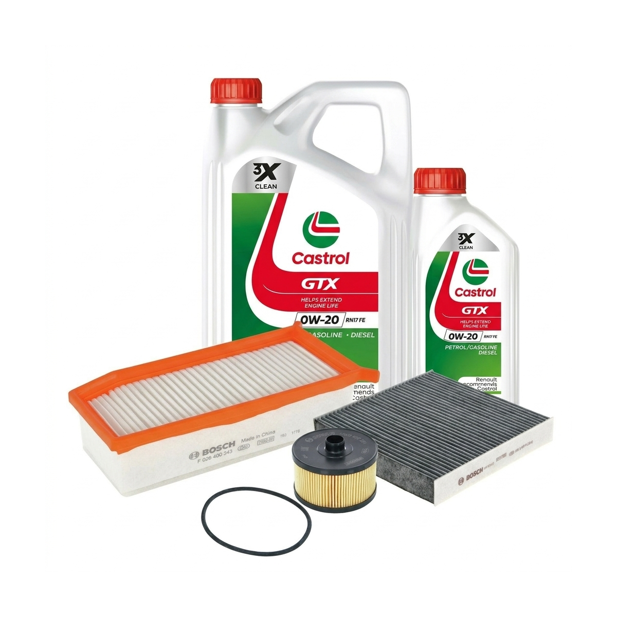 Kit revizie ulei Castrol GTX 0W-20 RN 17 FE + filtre Dacia Duster HM 1.3 TCe 130 131 CP – Bosch