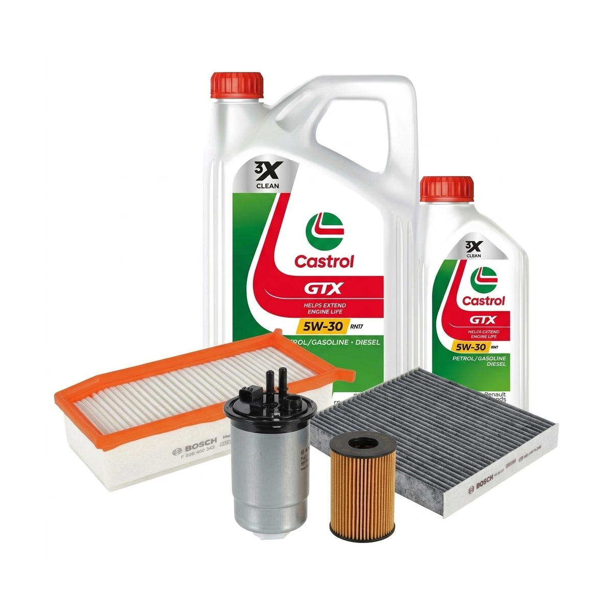 Kit revizie ulei Castrol GTX 5W-30 RN17 + filtre Dacia Logan 2 1.5 Blue dCi 95 CP – Bosch
