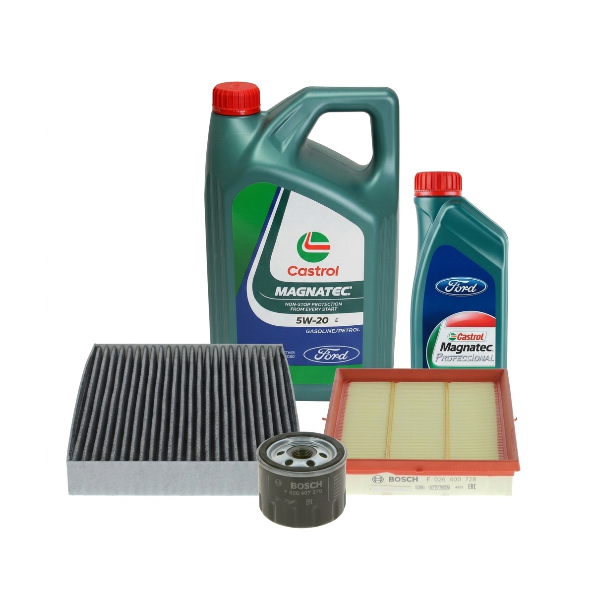 Kit revizie ulei Castrol Magnatec Professional Ford 5W-20 + filtre Ford Kuga 3 2.5 Duratec Plug-in-Hybrid 224 CP – Bosch