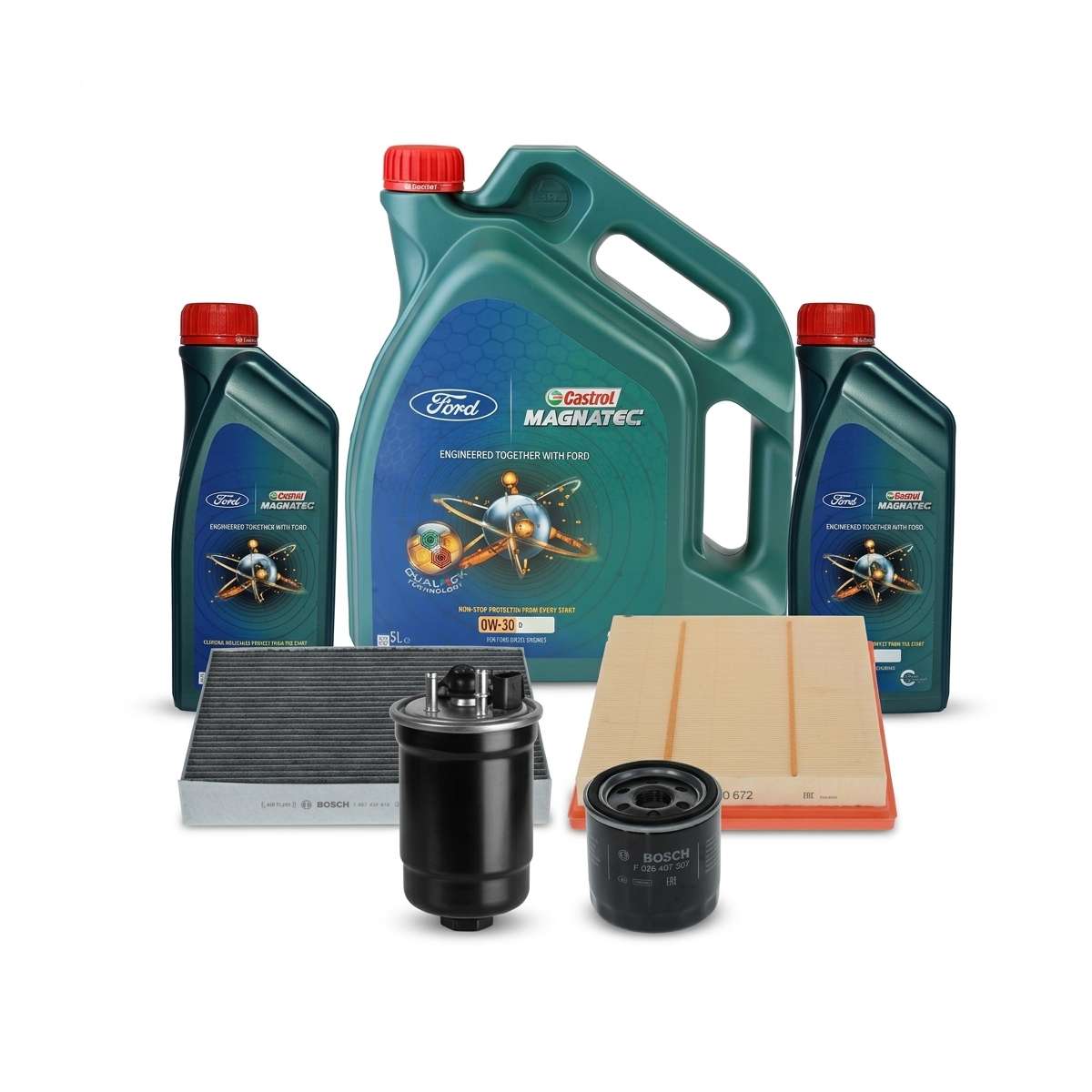 Kit revizie ulei Castrol Magnatec Ford 0W-30 + filtre Ford Kuga 3 2.0 EcoBlue 4x4 190 CP – Bosch