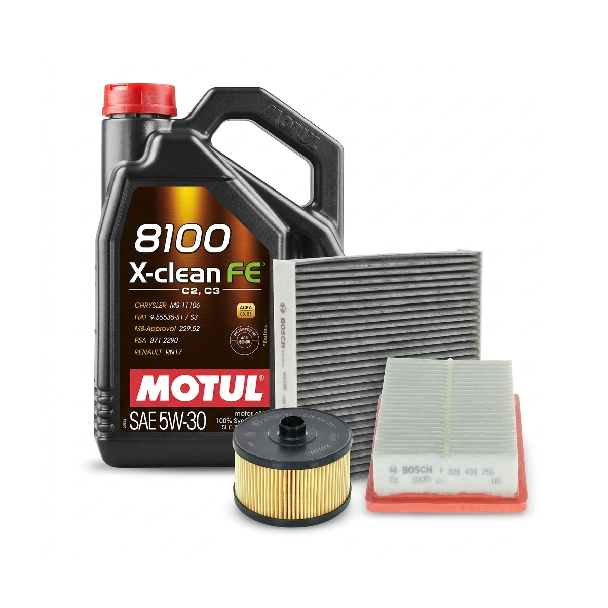 Kit revizie ulei Motul 8100 X-CLEAN FE 5W-30 + filtre Dacia Jogger RK 1.0 TCe 90 ECO-G 91 CP – Bosch