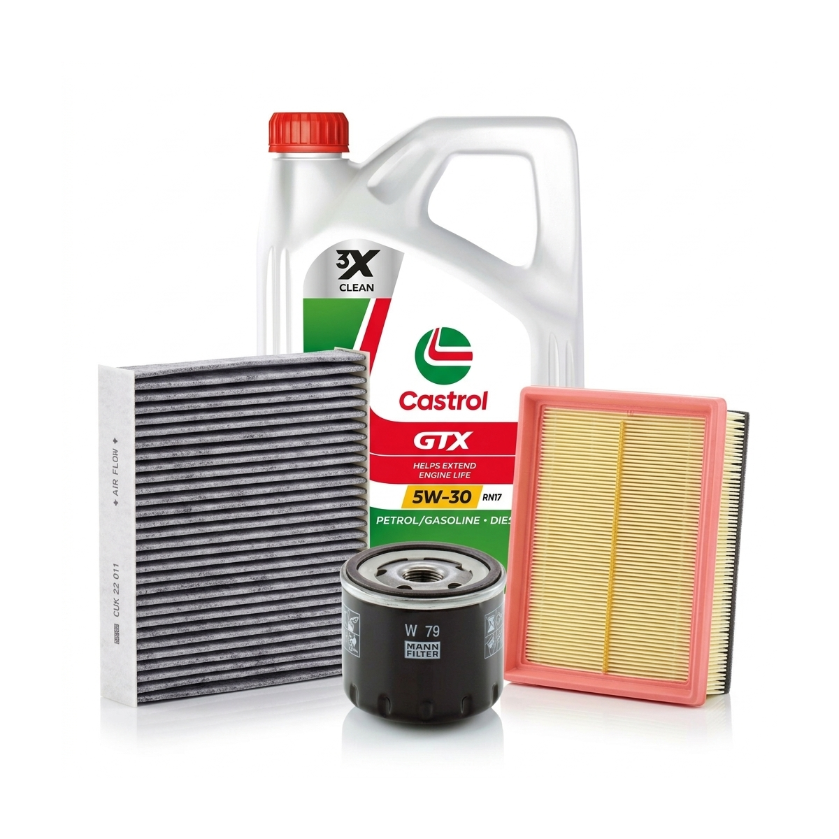 Kit revizie ulei Castrol GTX 5W-30 RN17 + filtre Dacia Logan 3 1.0 SCe 65 67 CP – MANN