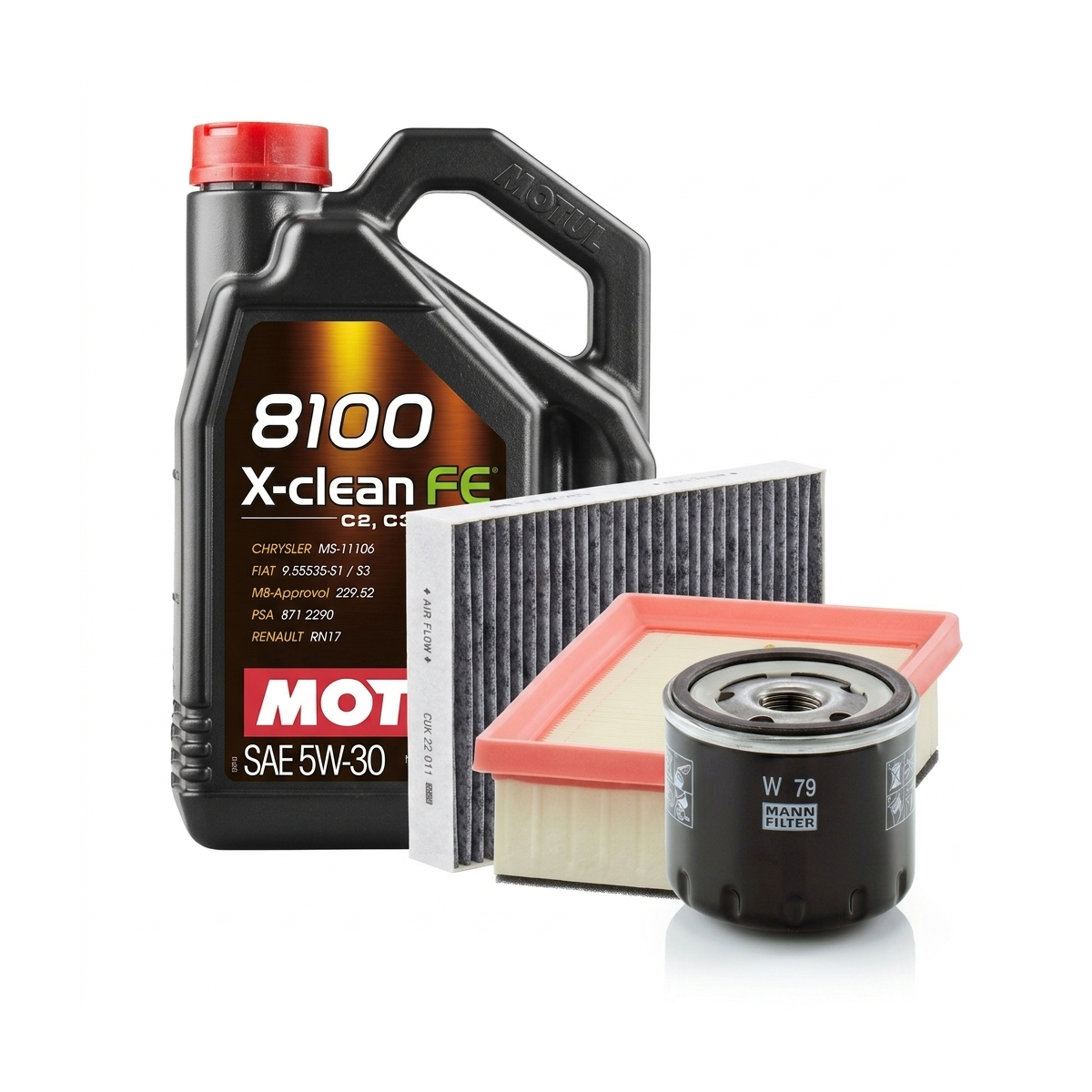 Kit revizie ulei Motul 8100 X-CLEAN FE 5W-30 + filtre Dacia Logan 3 1.0 SCe 65 67 CP – MANN