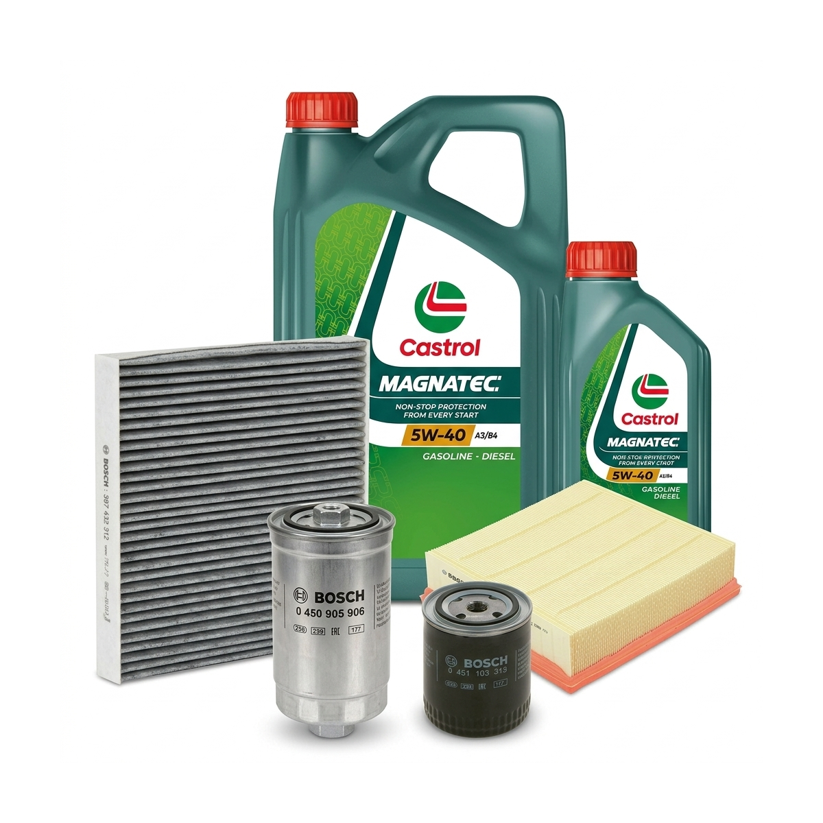 Kit revizie ulei Castrol MAGNATEC 5W-40 A3/B4 + filtre VW Passat B5.5 2.8 4motion 193 CP , coduri motor AMX, ATQ – Bosch