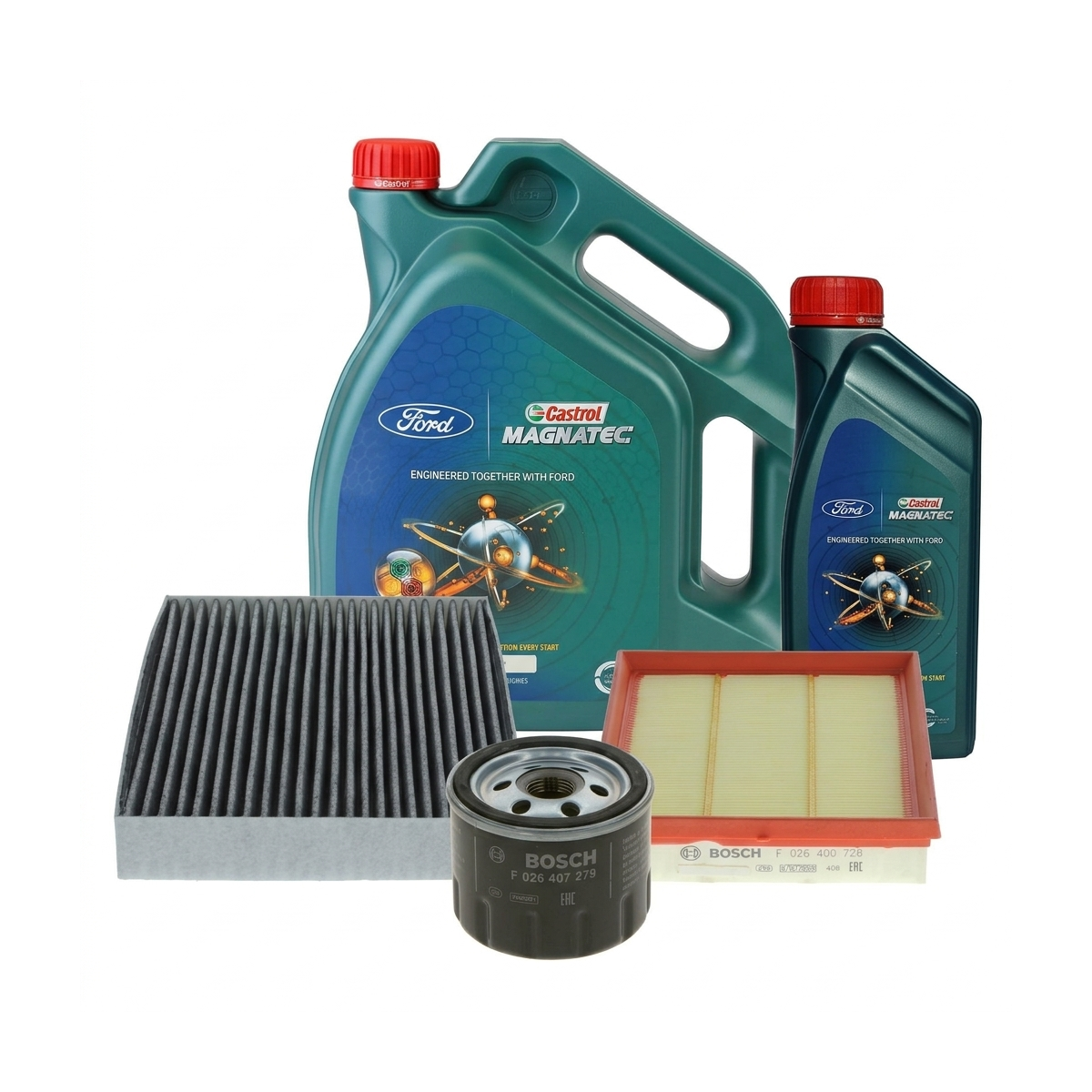 Kit revizie ulei Castrol Magnatec D 0W-30 + Magnatec Professional 0W-20 + filtre Ford Kuga 3 2.5 Duratec FHEV 179 CP – Bosch
