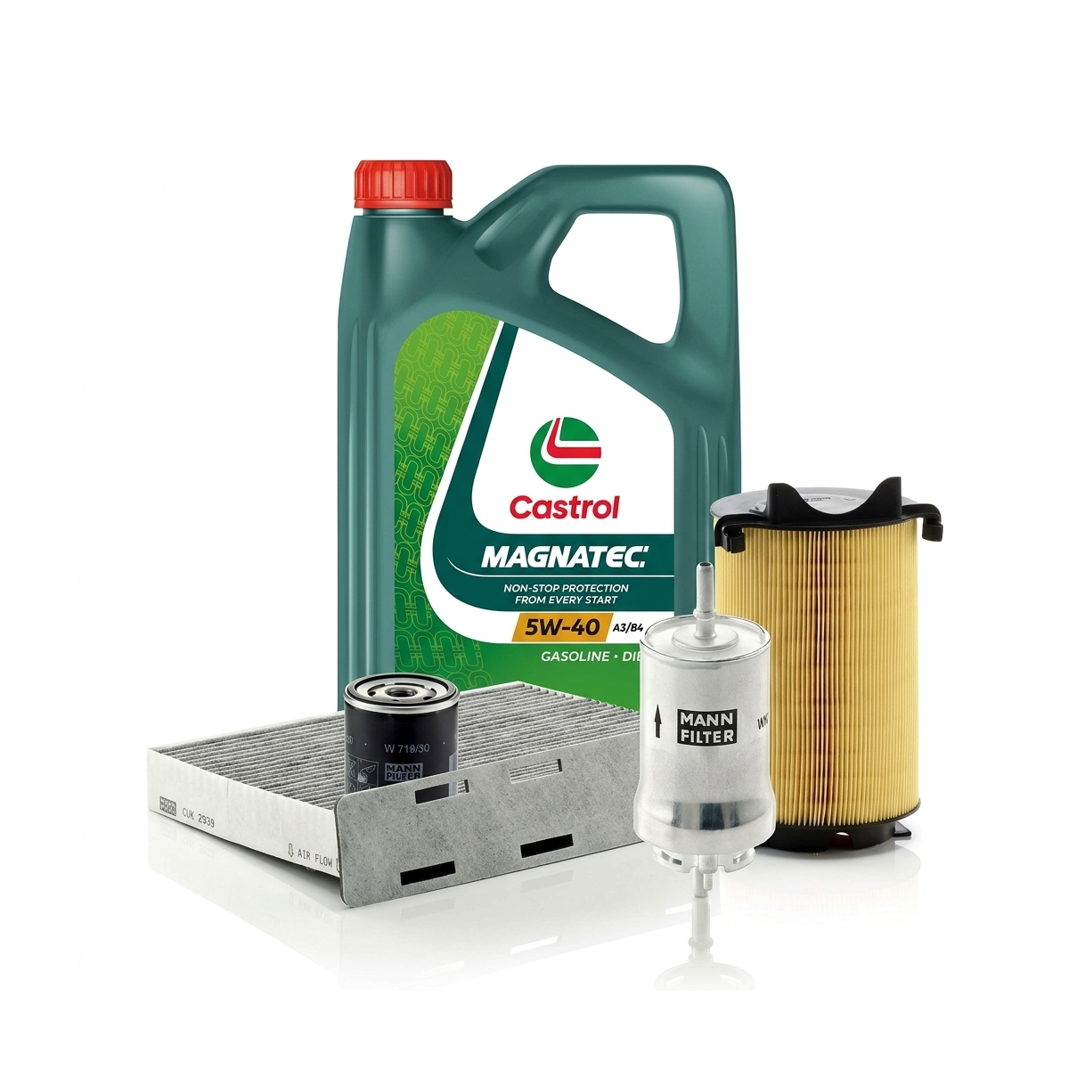 Kit revizie ulei Castrol MAGNATEC 5W-40 A3/B4 + filtre VW Touran 1T1/1T2 1.6 102 CP – MANN