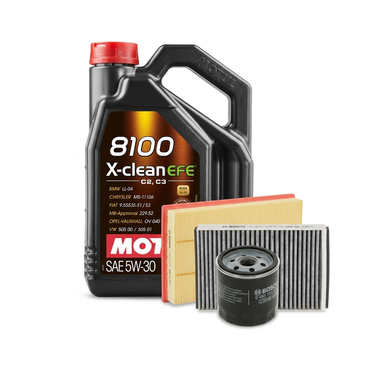 Kit revizie ulei Motul 8100 X-CLEAN EFE 5W-30 + filtre Opel Astra H 2.0 Turbo – Bosch