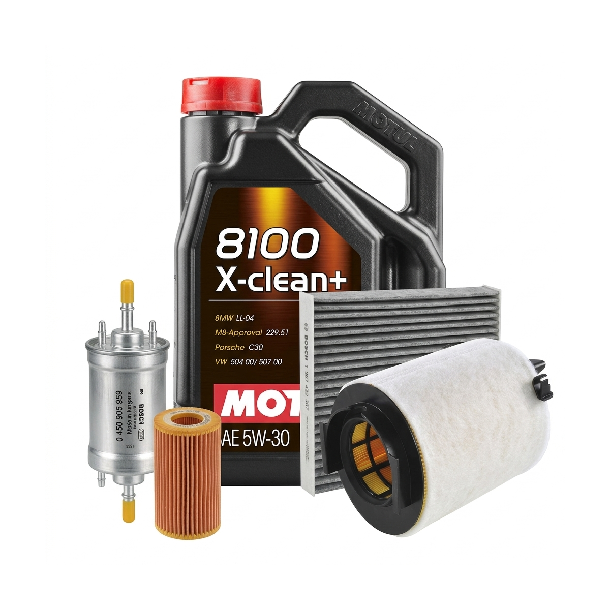 Kit revizie ulei Motul 8100 X-CLEAN+ 5W-30 + filtre Skoda Octavia 2 2.0 FSI 150 CP – Bosch