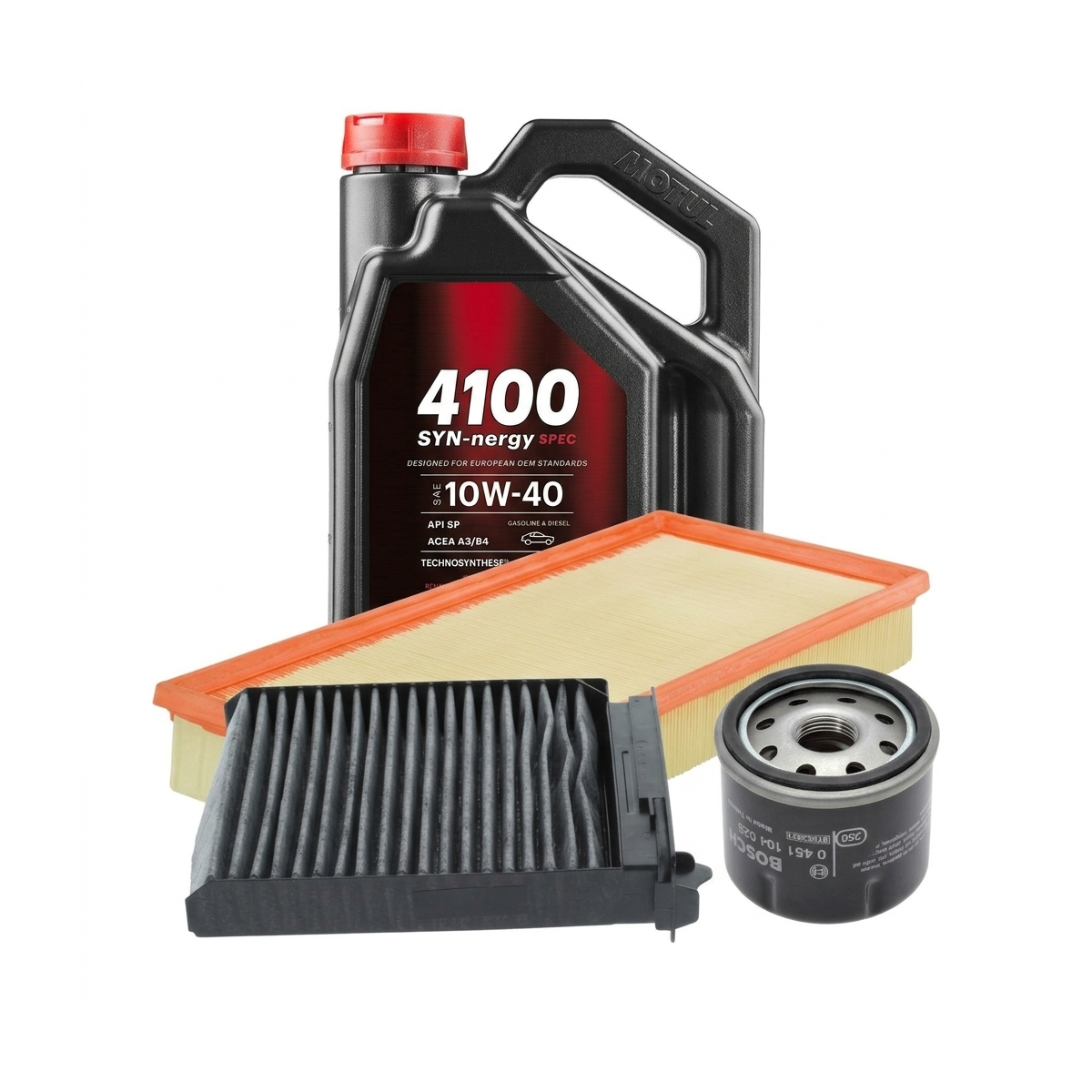 Kit revizie ulei Motul 4100 SYN-NERGY SPEC 10W-40 + filtre Renault Clio 3 1.2 16V 75 CP – Bosch