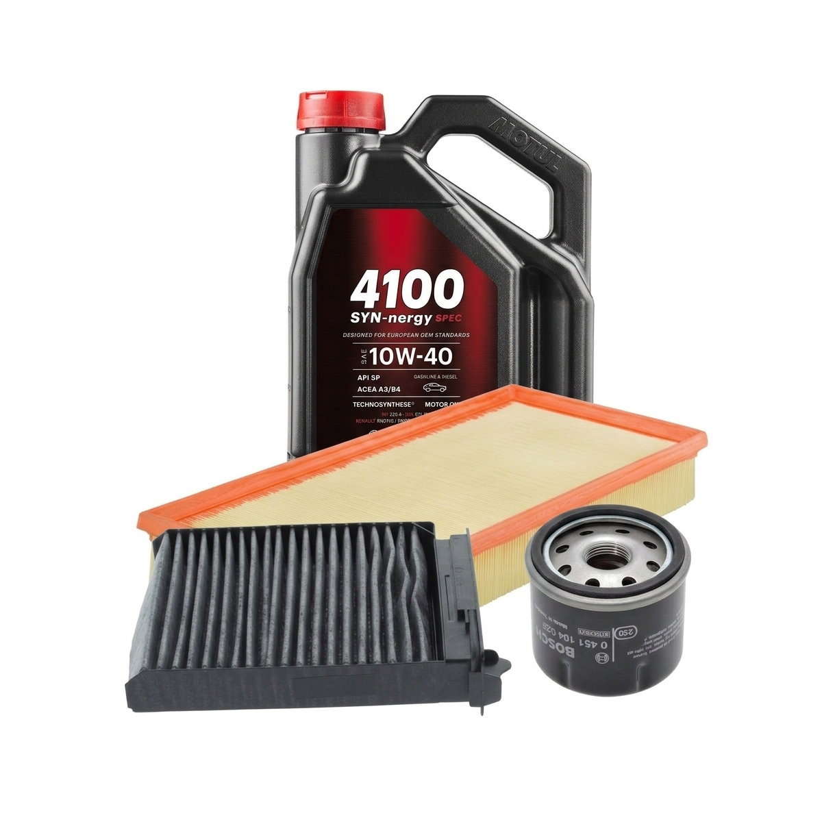 Kit revizie ulei Motul 4100 SYN-NERGY SPEC 10W-40 + filtre Renault Clio 3 1.2 16V 65 CP – Bosch