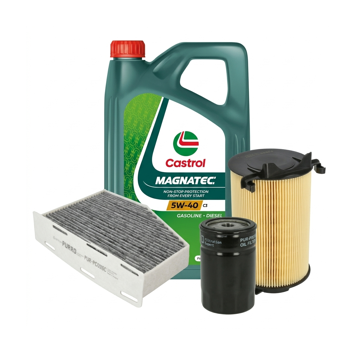 Kit revizie ulei Castrol MAGNATEC 5W-40 C3 + filtre VW Passat B6 1.6 102 CP – PURRO