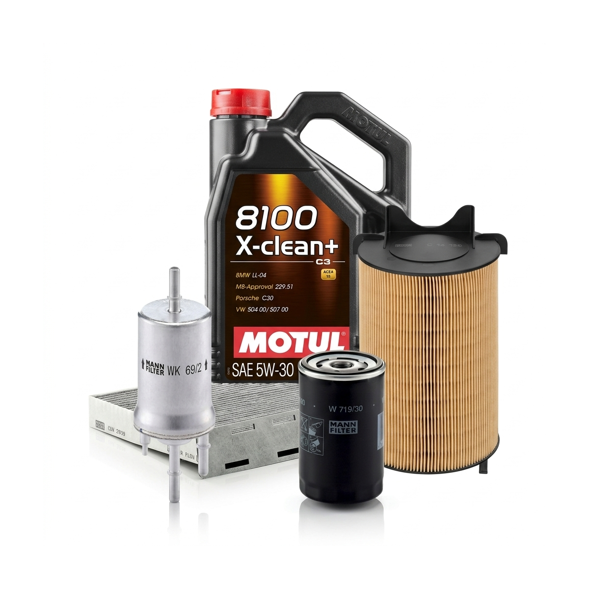 Kit revizie ulei Motul 8100 X-CLEAN+ 5W-30 + filtre VW Touran 1T1/1T2 2.0 EcoFuel 109 CP – MANN