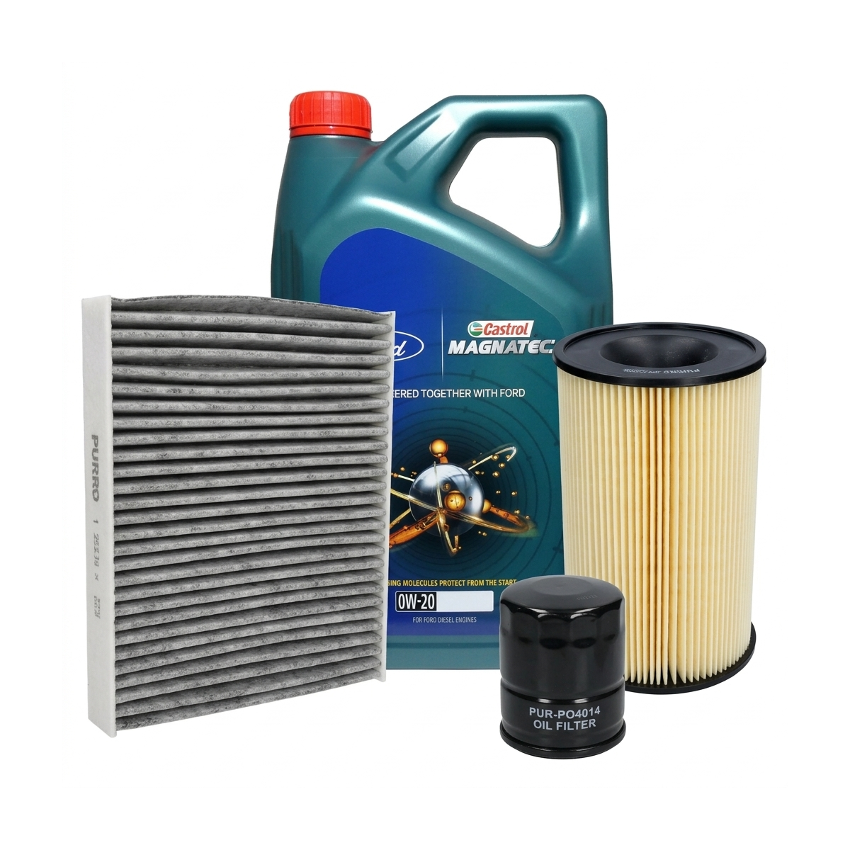 Kit revizie ulei Castrol Ford Magnatec 0W-20 + filtre Ford Focus 3 1.0 EcoBoost 100 CP – PURRO