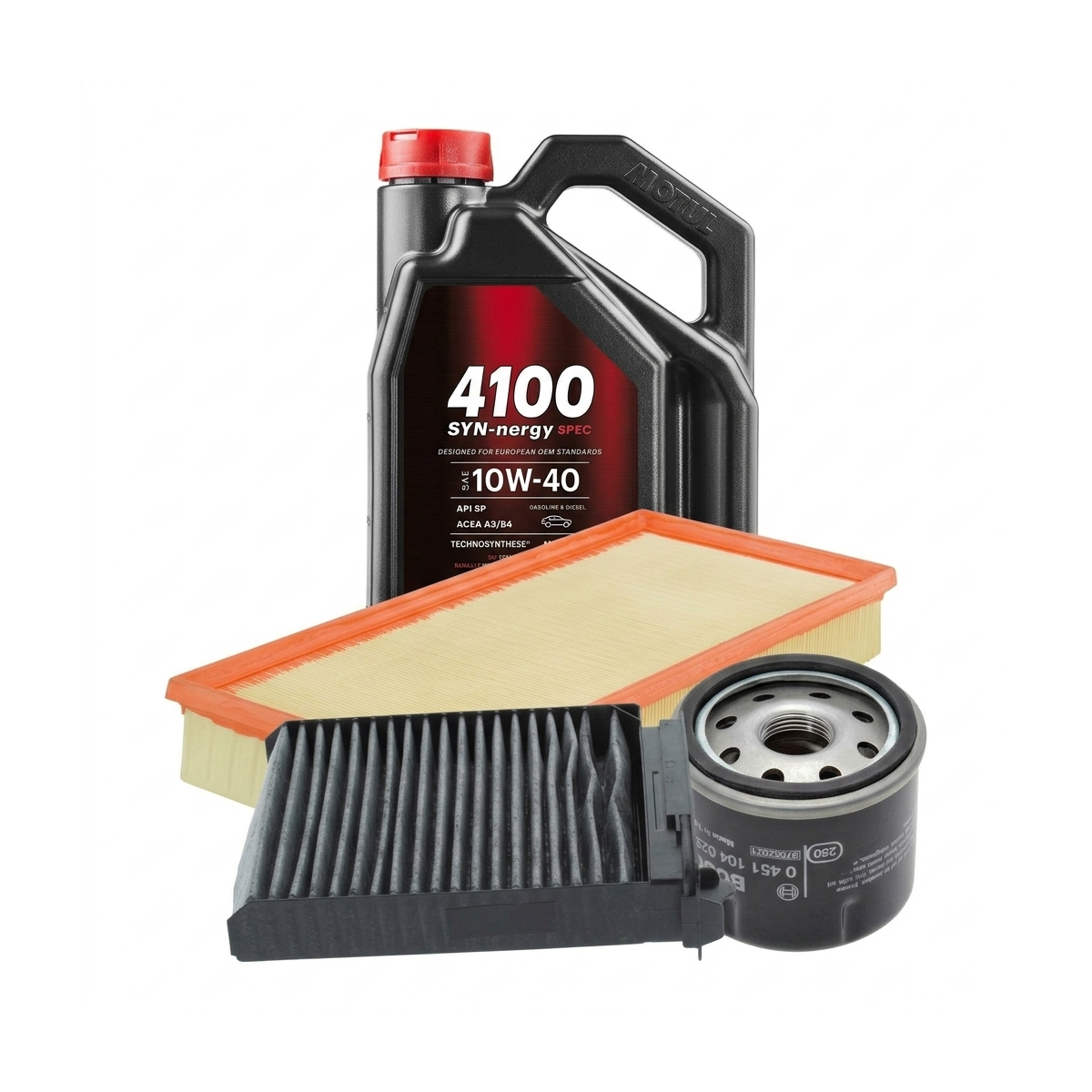 Kit revizie ulei Motul 4100 SYN-NERGY SPEC 10W-40 + filtre Renault Clio 3 1.2 16V Hi-Flex 75 CP – Bosch