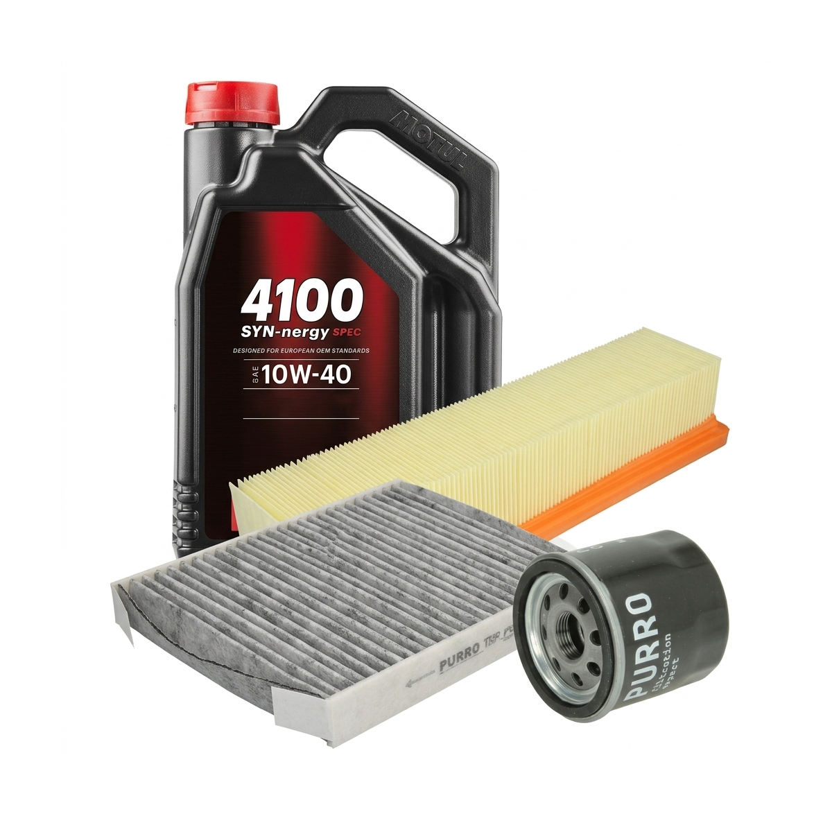 Kit revizie ulei Motul 4100 SYN-NERGY SPEC 10W-40 + filtre Renault Clio 3 1.2 16V Hi-Flex 75 CP – PURRO