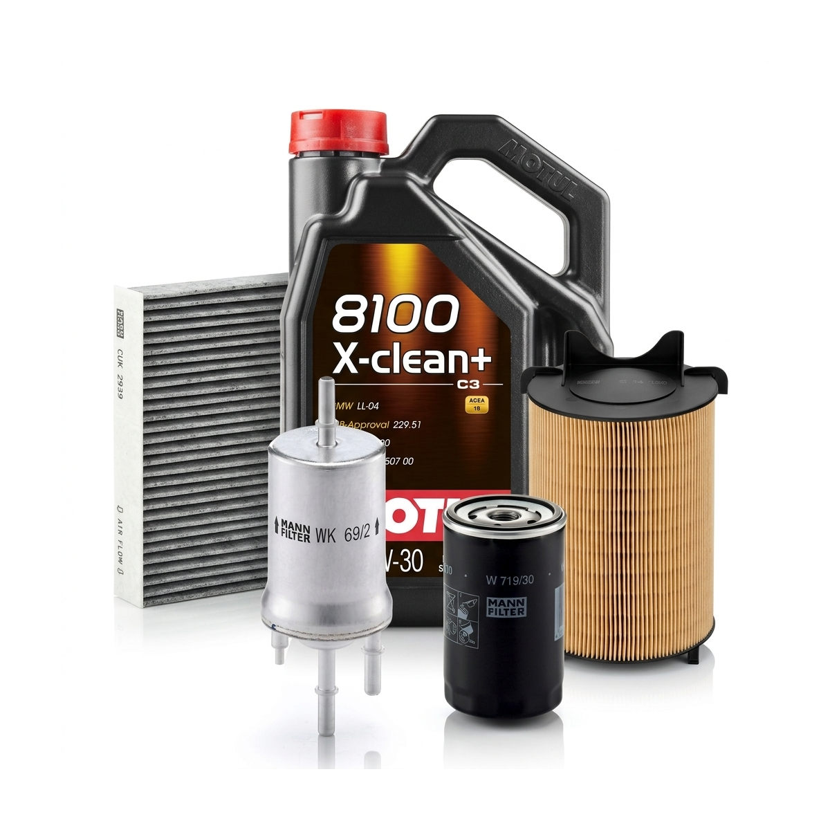 Kit revizie ulei Motul 8100 X-CLEAN+ 5W-30 + filtre VW Golf 6 1.6 BiFuel 102 CP – MANN