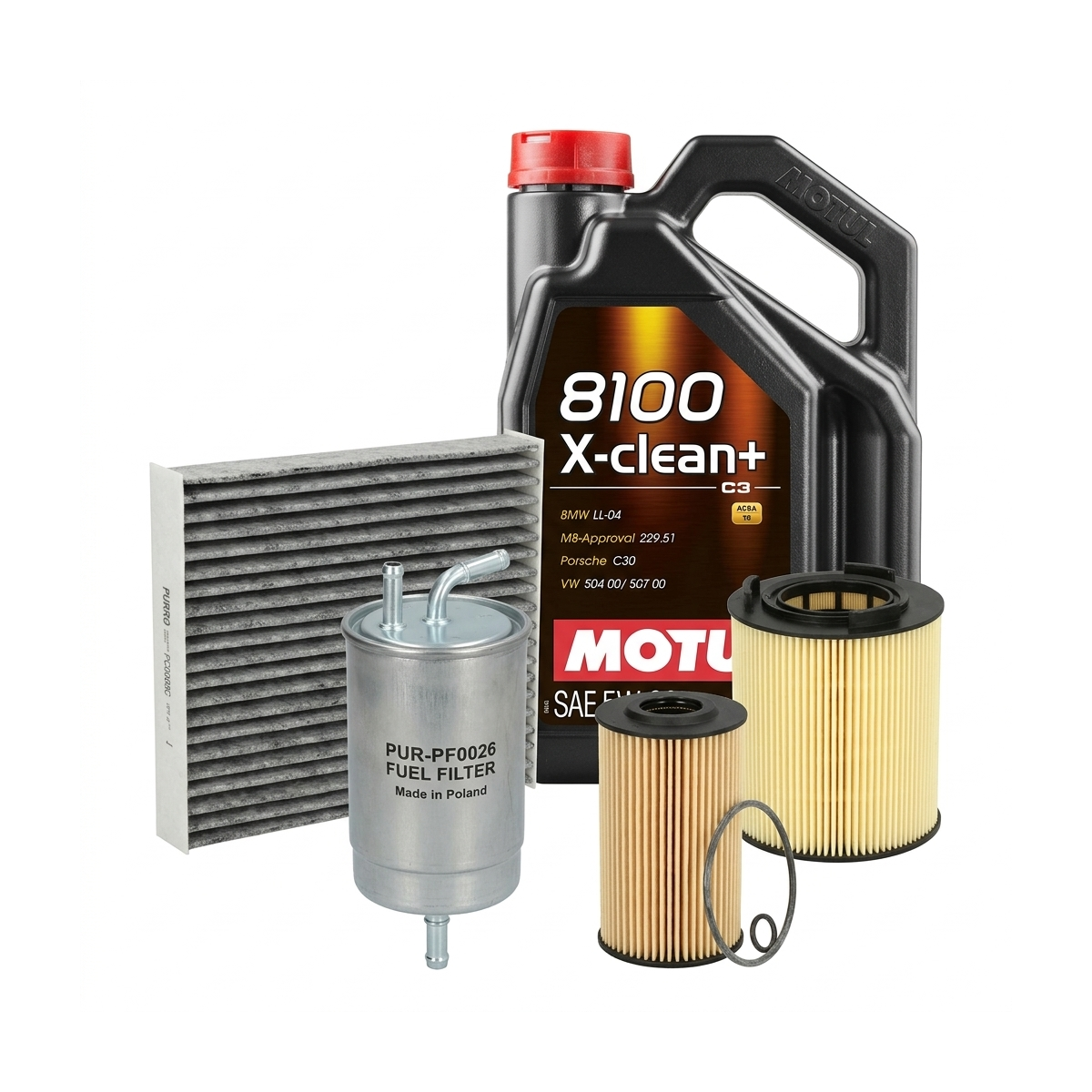 Kit revizie ulei Motul 8100 X-CLEAN+ 5W-30 + filtre VW Polo 5 1.6 TDI 75 CP – PURRO