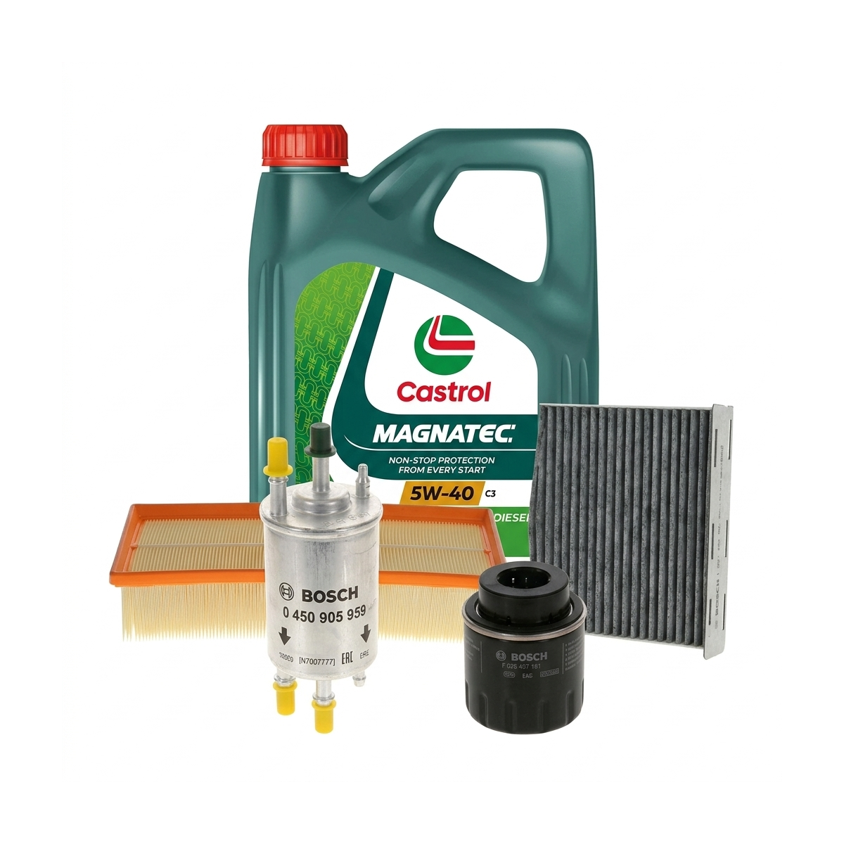 Kit revizie ulei Castrol MAGNATEC 5W-40 C3 + filtre VW Passat B6 1.4 TSI EcoFuel 150 CP – Bosch