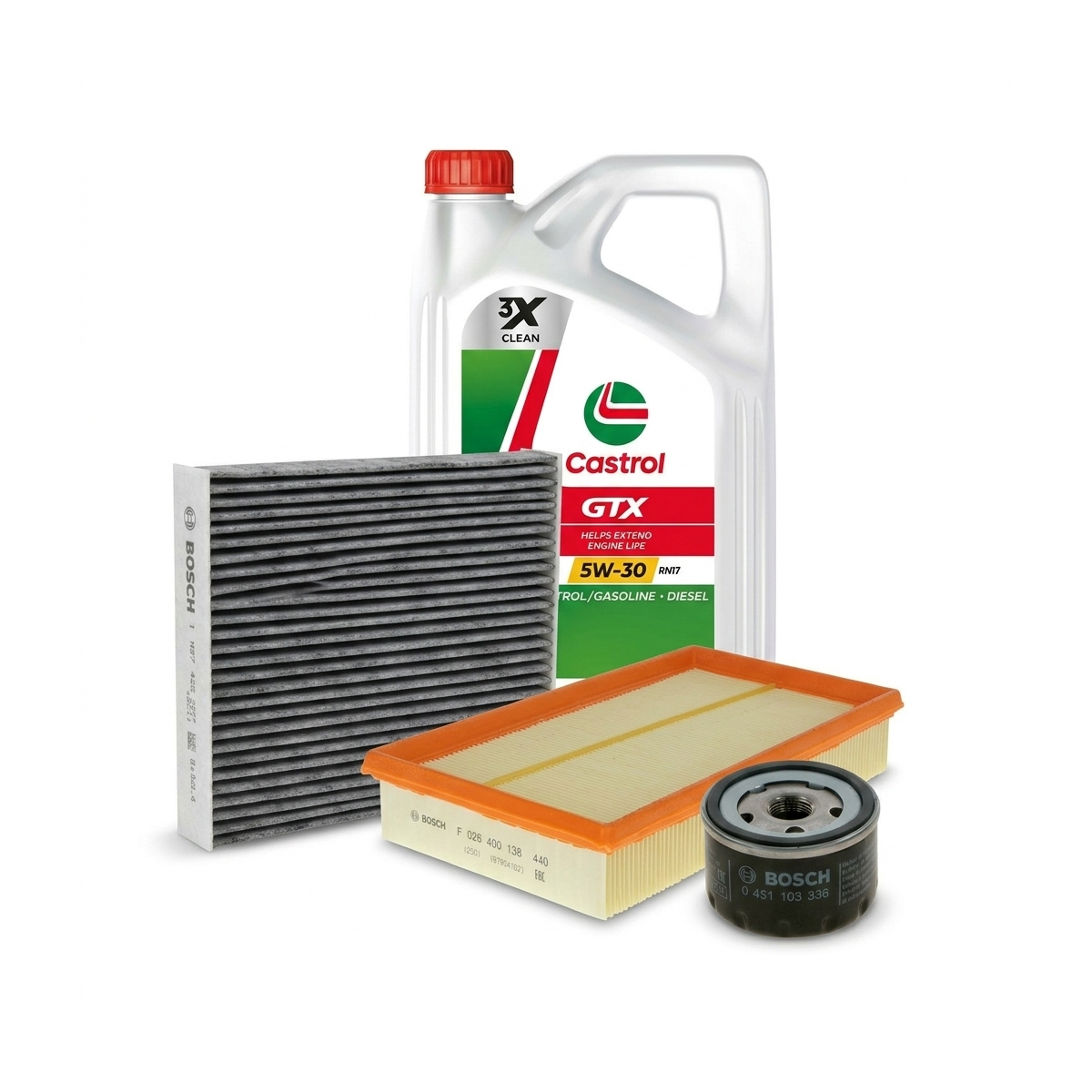 Kit revizie ulei Castrol GTX 5W-30 RN17 + filtre Renault Megane 3 1.6 16V Hi-Flex 110 CP – Bosch