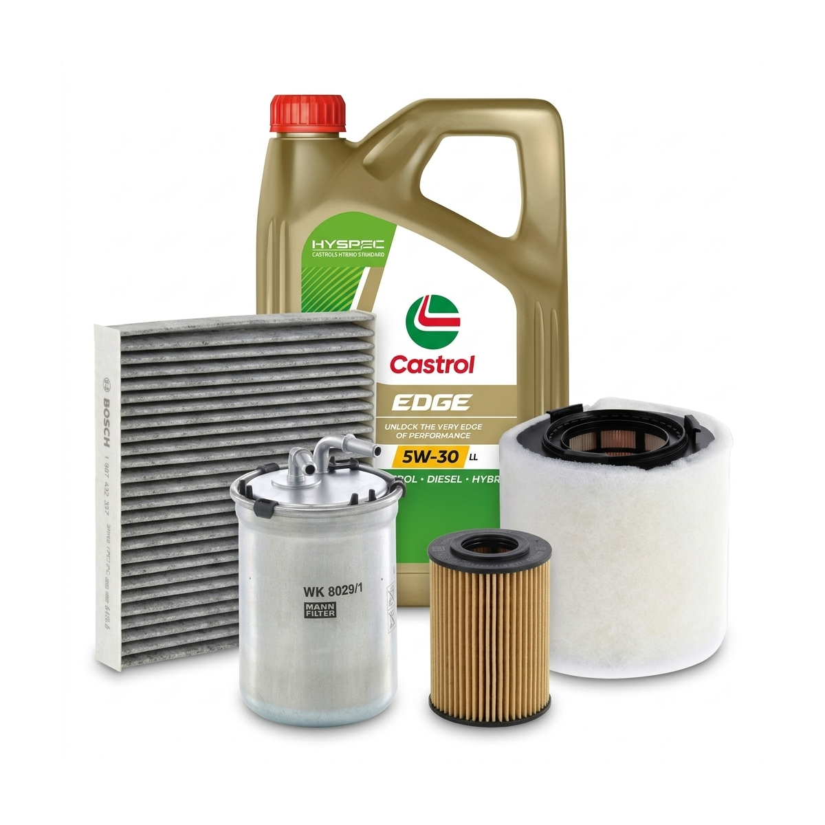 Kit revizie ulei Castrol EDGE 5W-30 LL + filtre VW Polo 5 1.2 TDI 75 CP – Bosch