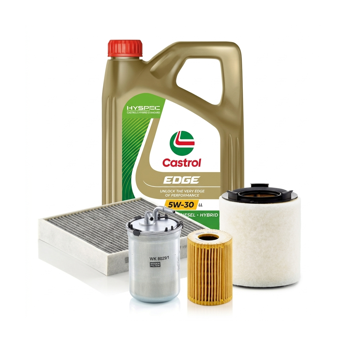 Kit revizie ulei Castrol EDGE 5W-30 LL + filtre VW Polo 5 1.2 TDI 75 CP – MANN