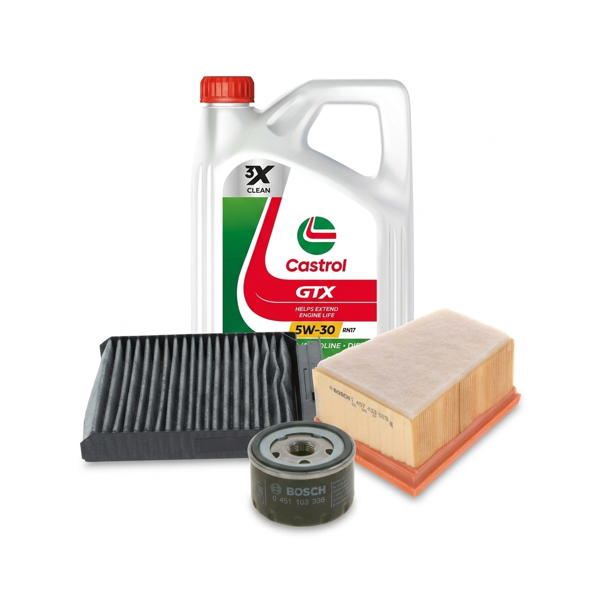 Kit revizie ulei Castrol GTX 5W-30 RN17 + filtre Dacia Duster HS 1.6 16V 4x4 105 CP – Bosch