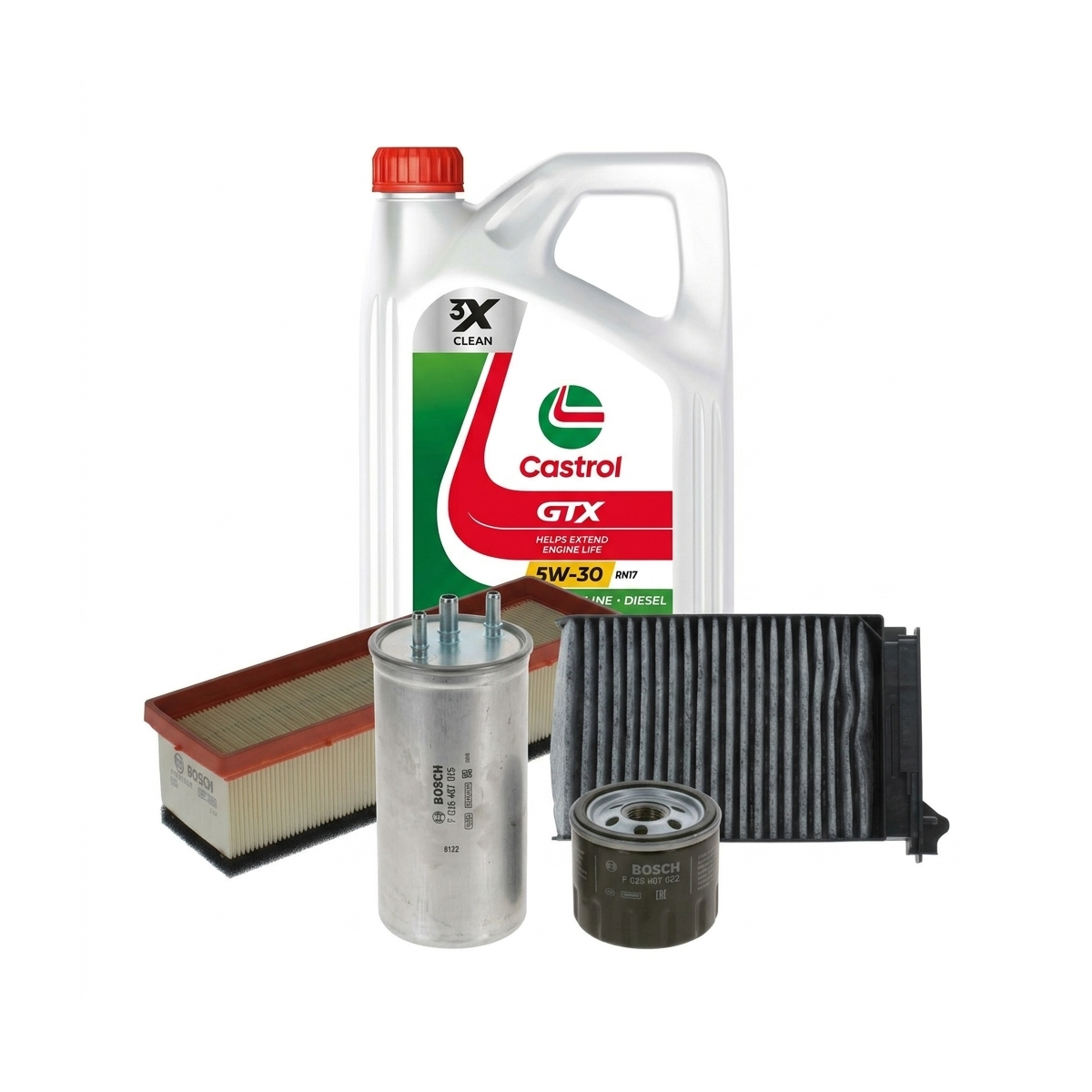 Kit revizie ulei Castrol GTX 5W-30 RN17 + filtre Dacia Duster HS 1.5 dCi 86 CP – Bosch