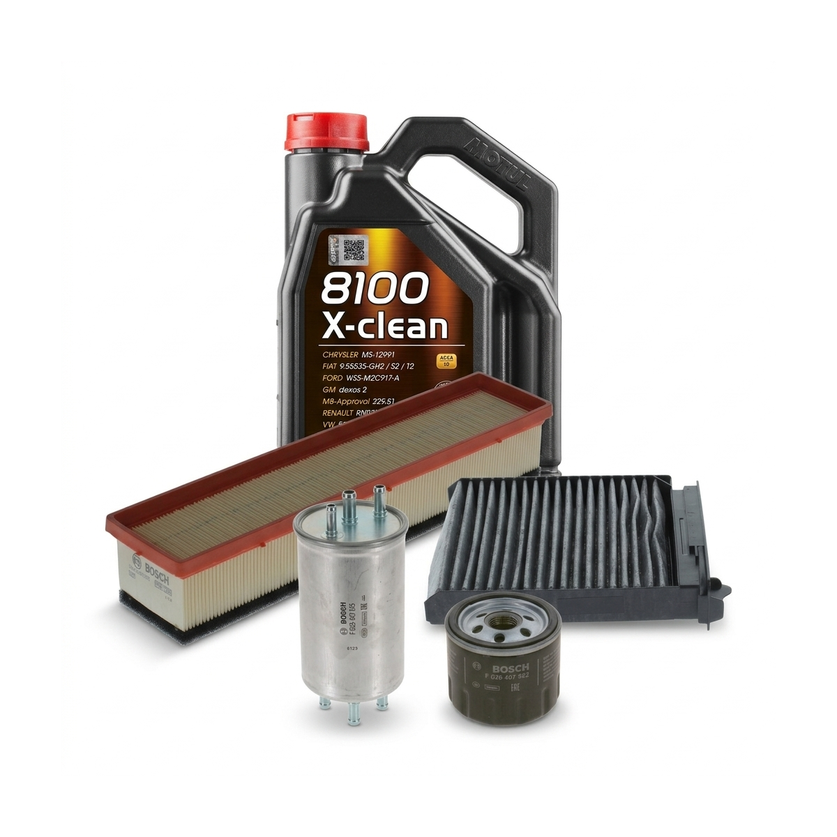 Kit revizie ulei Motul 8100 X-CLEAN 5W-40 + filtre Dacia Duster HS 1.5 dCi 86 CP – Bosch