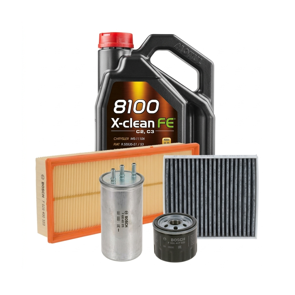 Kit revizie ulei Motul 8100 X-CLEAN FE 5W-30 + filtre Dacia Duster HS 1.5 dCi 107 CP – Bosch