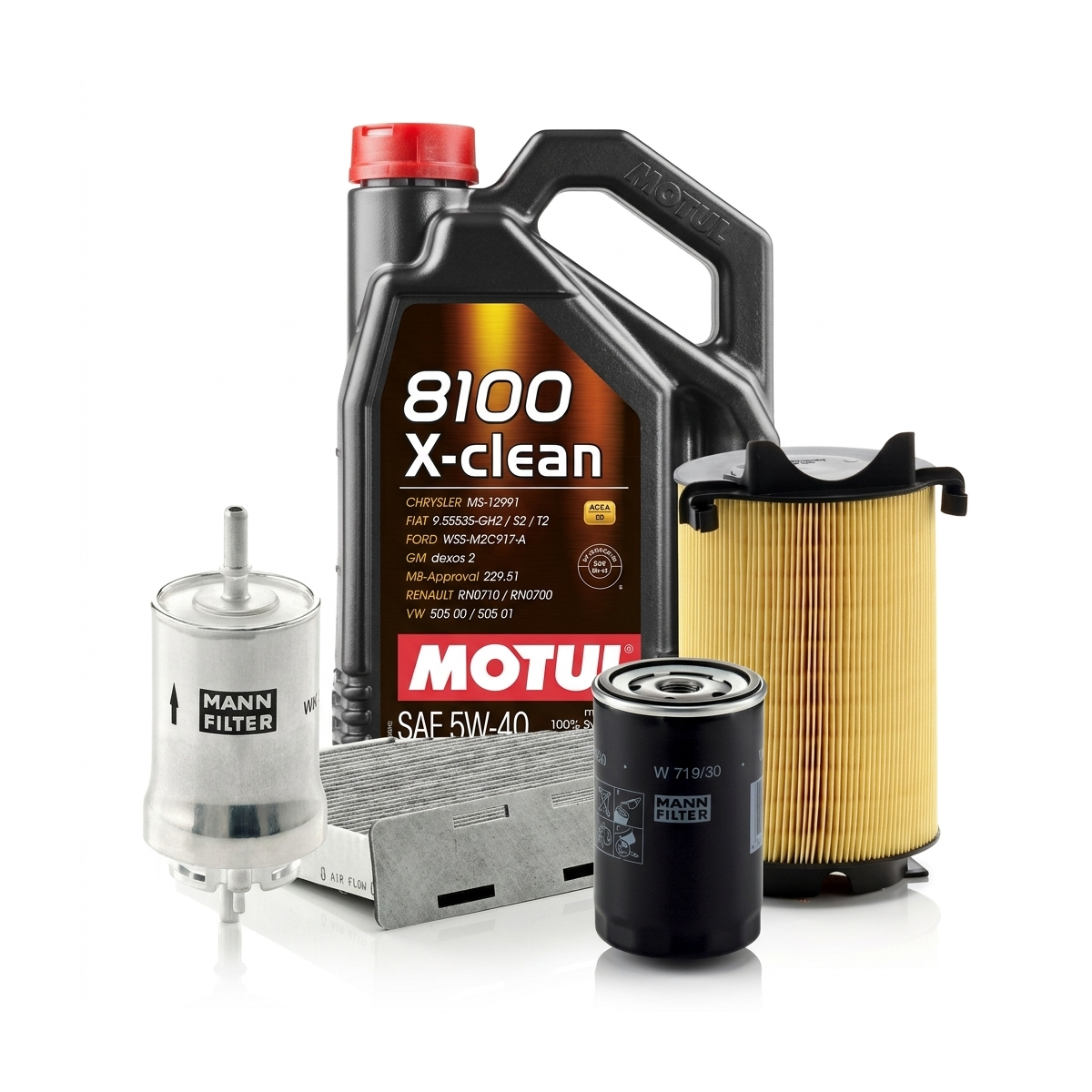 Kit revizie ulei Motul 8100 X-CLEAN 5W-40 + filtre VW Golf 5 1.6 MultiFuel 102 CP – MANN