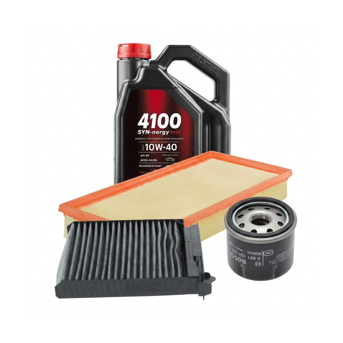 Kit revizie ulei Motul 4100 SYN-NERGY SPEC 10W-40 + filtre Renault Clio 3 1.2 Ethanol 75 CP – Bosch