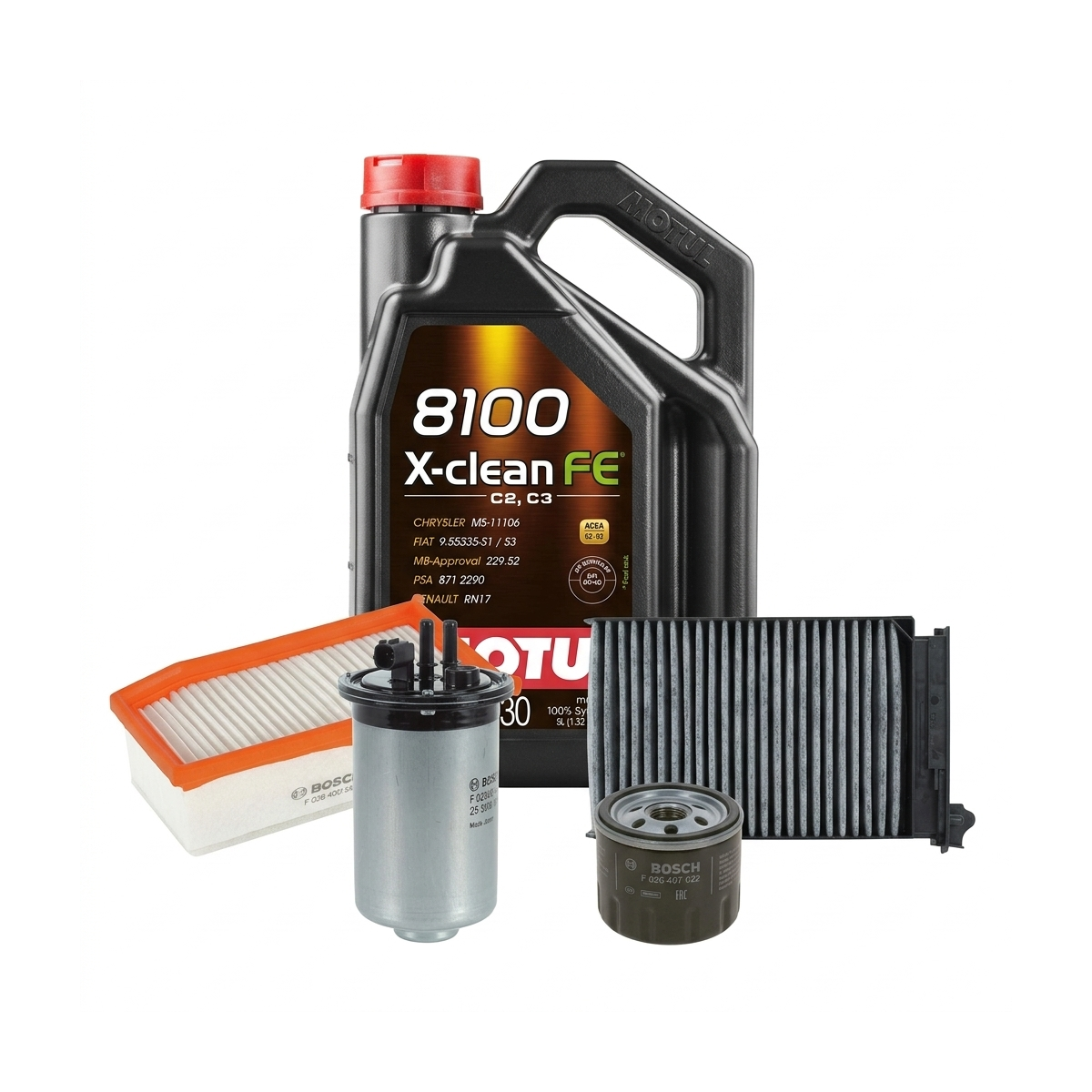Kit revizie ulei Motul 8100 X-CLEAN FE 5W-30 + filtre Dacia Duster HS 1.5 dCi 109 CP – Bosch