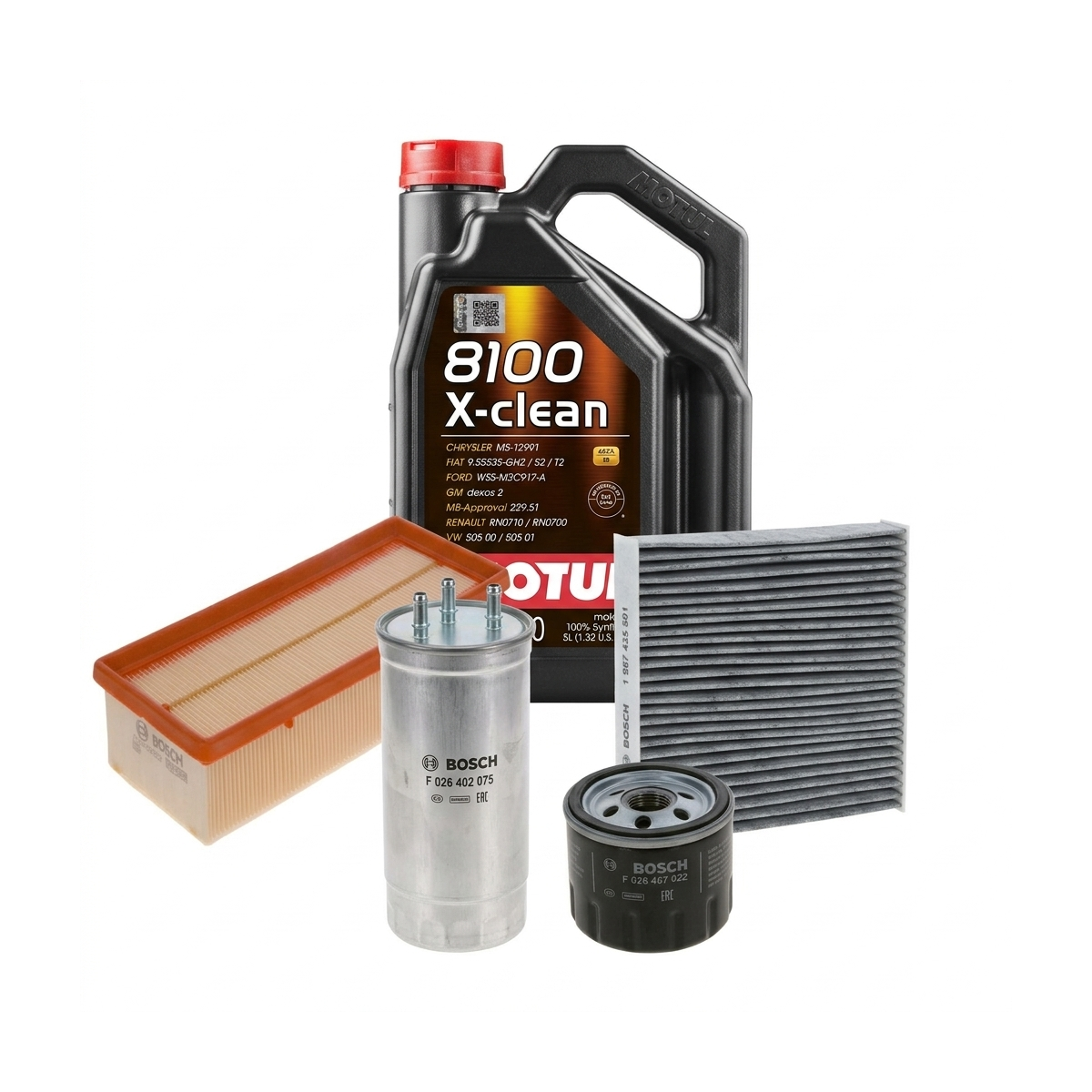 Kit revizie ulei Motul 8100 X-CLEAN 5W-40 + filtre Dacia Duster HS 1.5 dCi 90 CP – Bosch