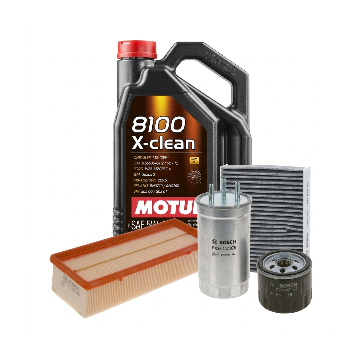 Kit revizie ulei Motul 8100 X-CLEAN 5W-40 + filtre Dacia Duster HS 1.5 dCi 4x4 110 CP – Bosch