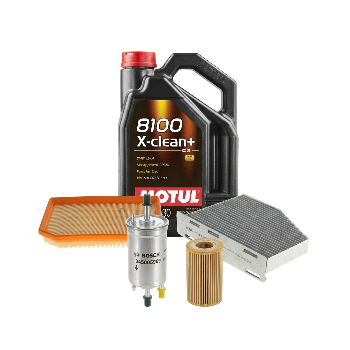 Kit revizie ulei Motul 8100 X-CLEAN+ 5W-30 + filtre VW Golf 6 2.0 R 4motion 256 CP – Bosch
