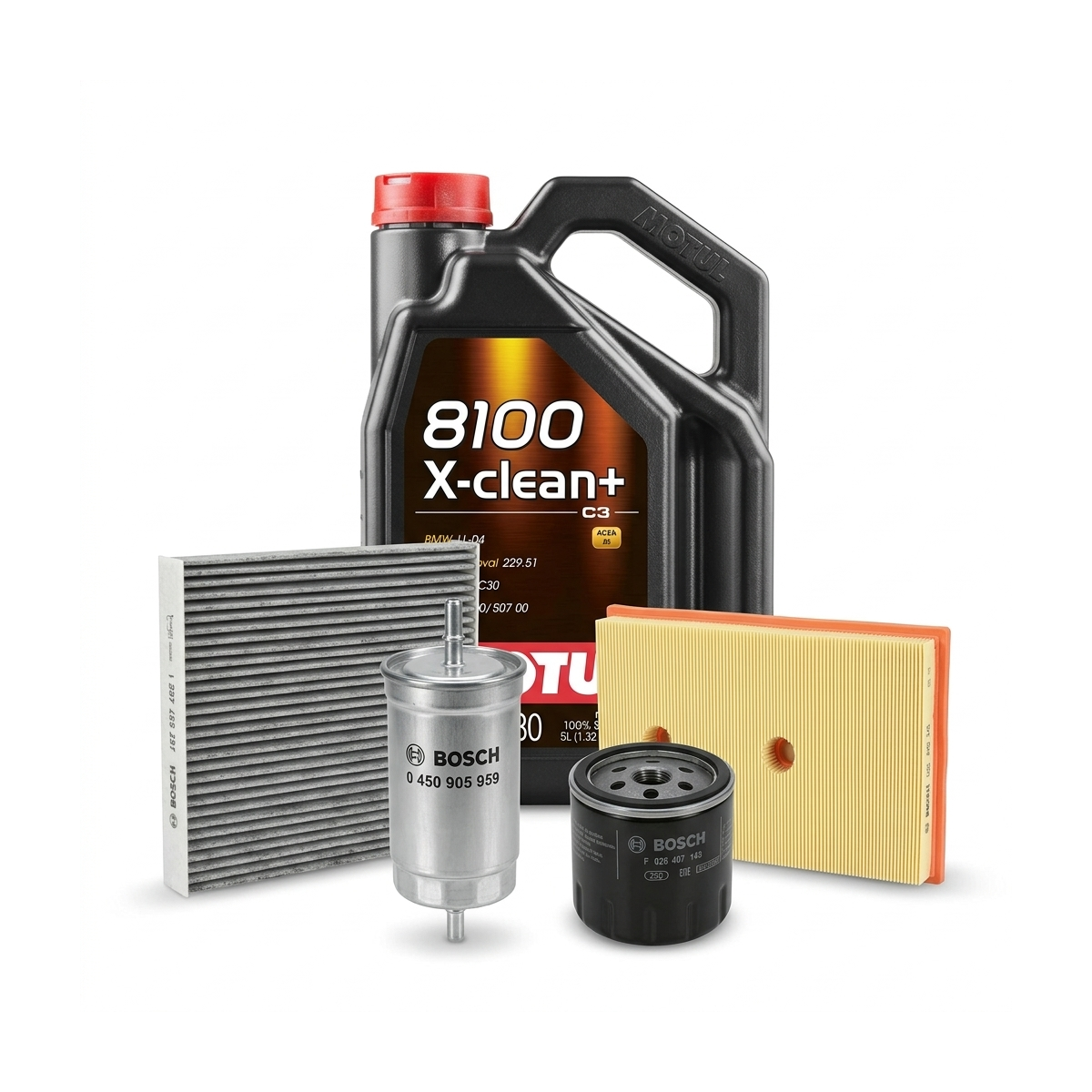 Kit revizie ulei Motul 8100 X-CLEAN+ 5W-30 + filtre VW Jetta 4 1.4 TSI Hybrid 170 CP – Bosch