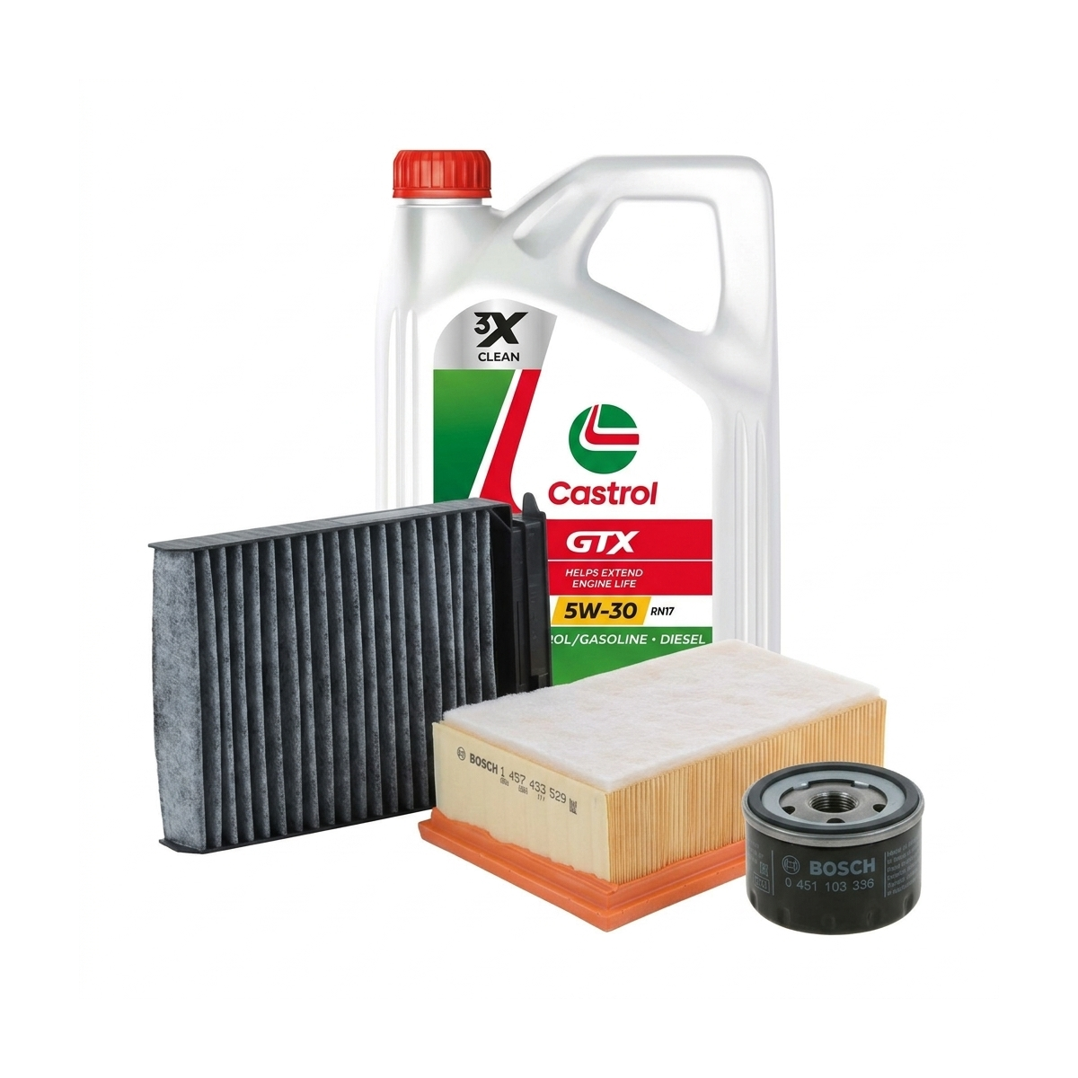 Kit revizie ulei Castrol GTX 5W-30 RN17 + filtre Dacia Duster HS 1.6 16V Hi-Flex 105 CP – Bosch