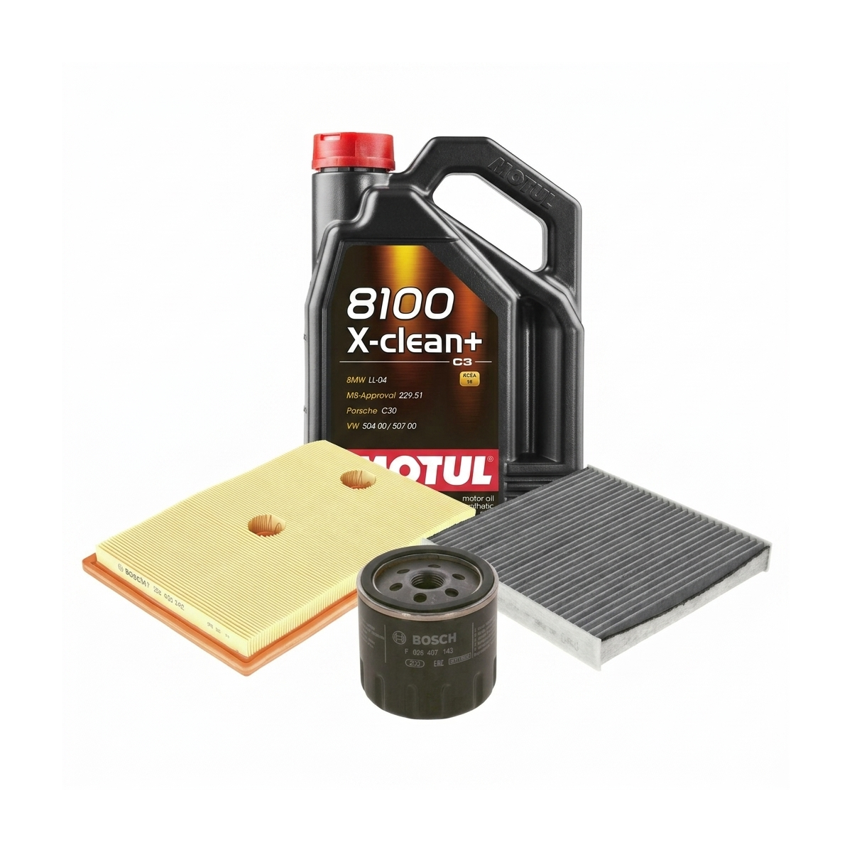 Kit revizie ulei Motul 8100 X-CLEAN+ 5W-30 + filtre VW Golf 7 1.4 TSI MultiFuel 122 CP – Bosch