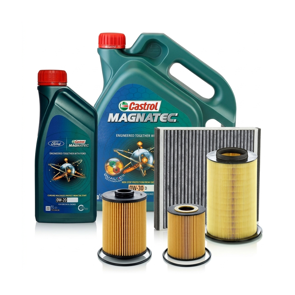 Kit revizie ulei Castrol Ford Magnatec D 0W-30 + Castrol Magnatec Professional Ford 0W-20 + filtre Ford Kuga 2 2.0 TDCi 4x4 163 CP – MANN