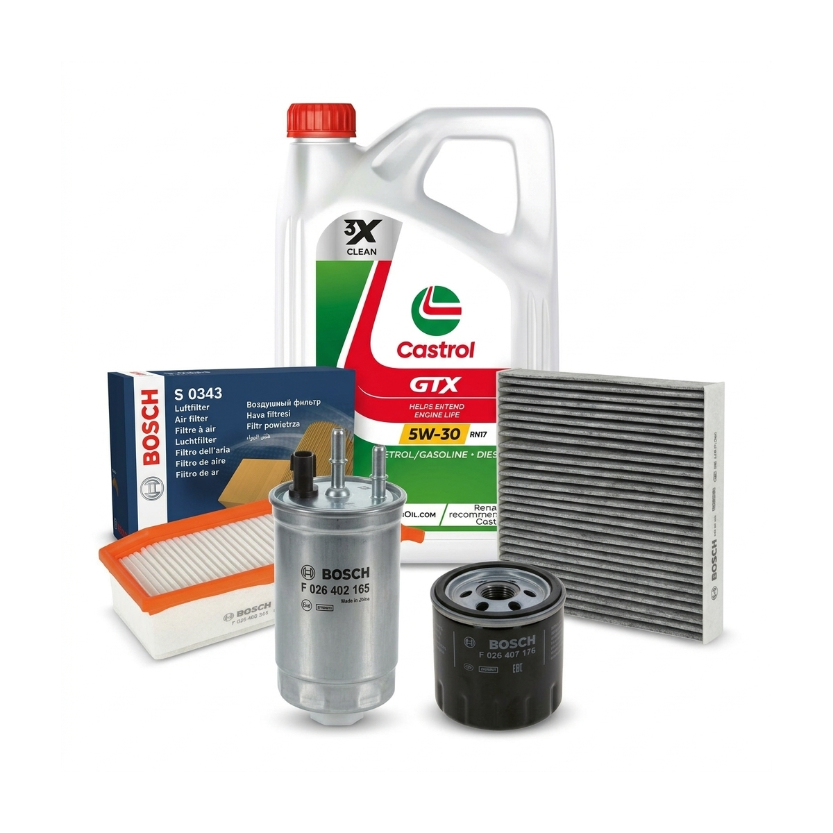 Kit revizie ulei Castrol GTX 5W-30 RN17 + filtre Dacia Logan 2 1.5 dCi 90 CP – Bosch