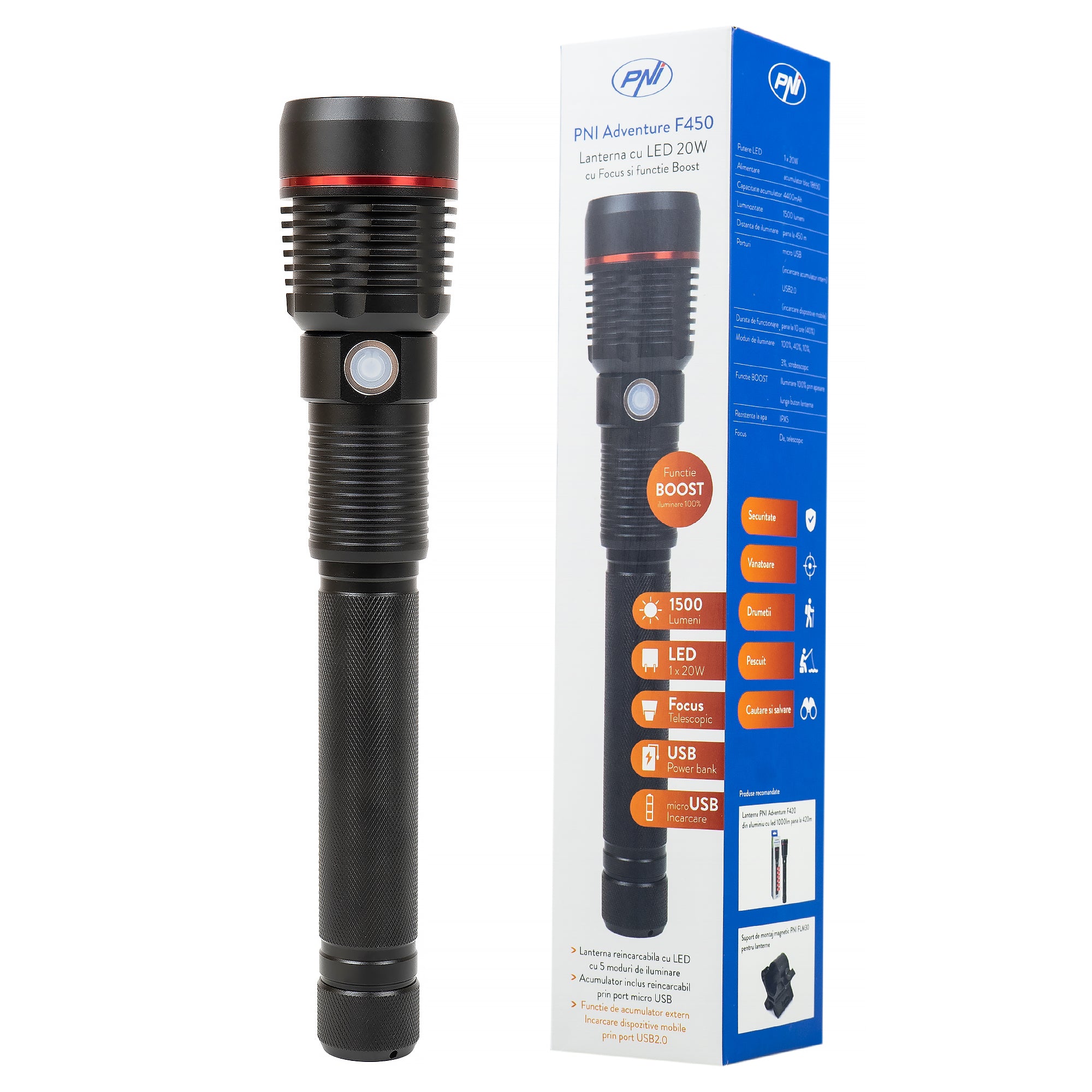 PNI ADVENTURE F450 ZSEBLÁMPA, 20 W LED, 1500 LM, IPX5, 4400 mAh AKKUMULÁTOR