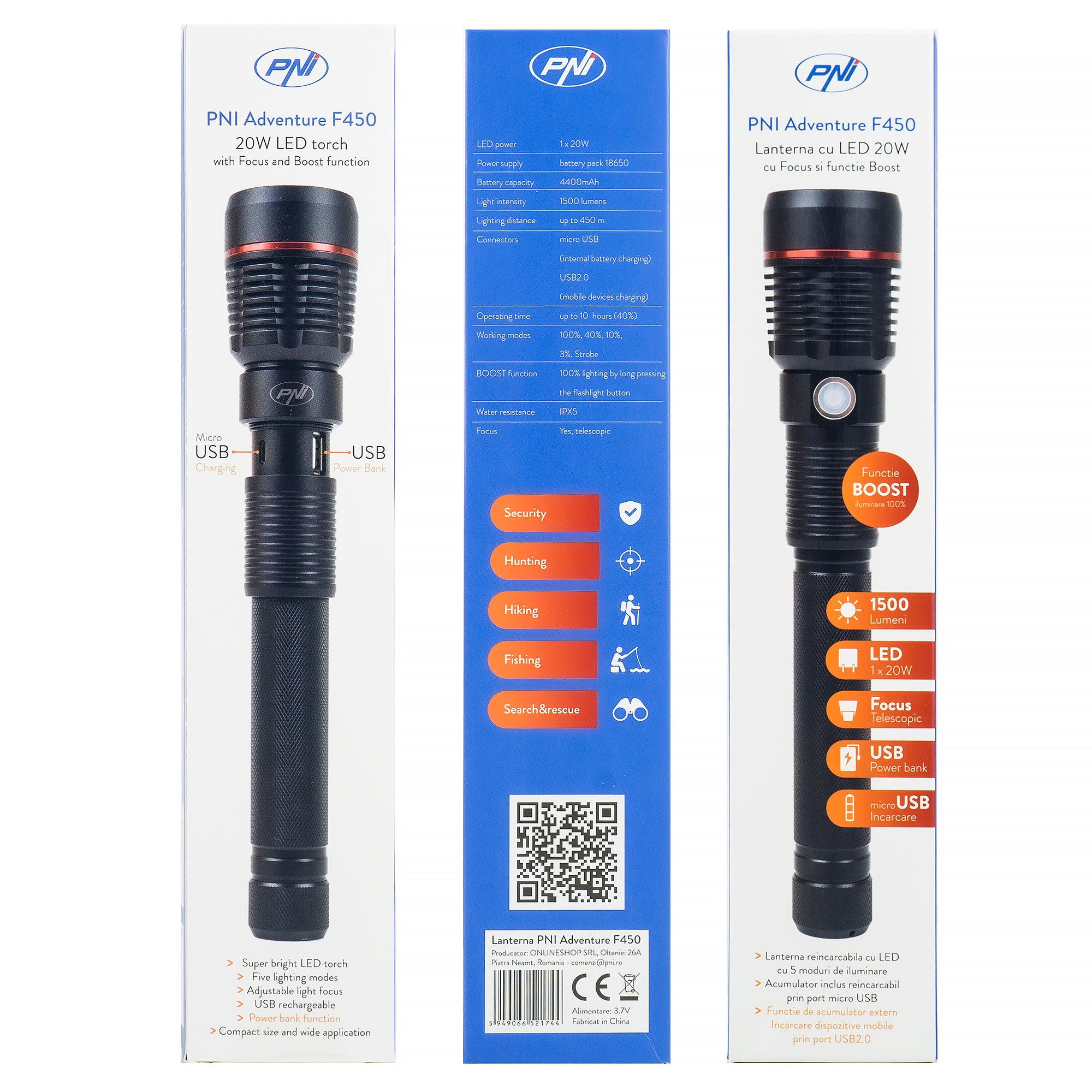PNI ADVENTURE F450 ZSEBLÁMPA, 20 W LED, 1500 LM, IPX5, 4400 mAh AKKUMULÁTOR